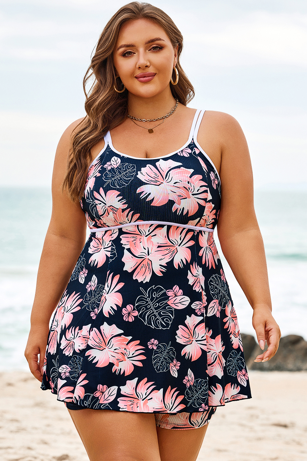 Black Plus Size Ribbed Contrast Trim Adjustable Straps 2pcs Swimsuit