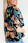 Black Floral Short Bubble Sleeve Buttoned Notched Neck Blouse