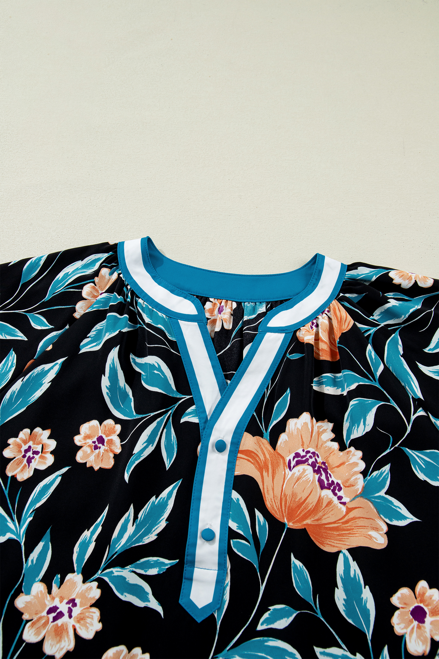 Black Floral Short Bubble Sleeve Buttoned Notched Neck Blouse