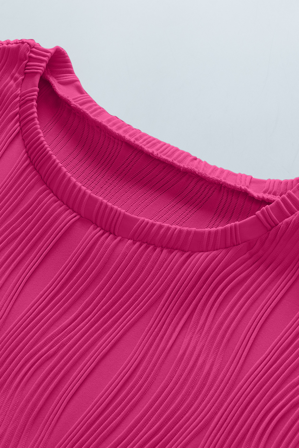 Rose Red Solid Color Wavy Textured Plus Size Tee