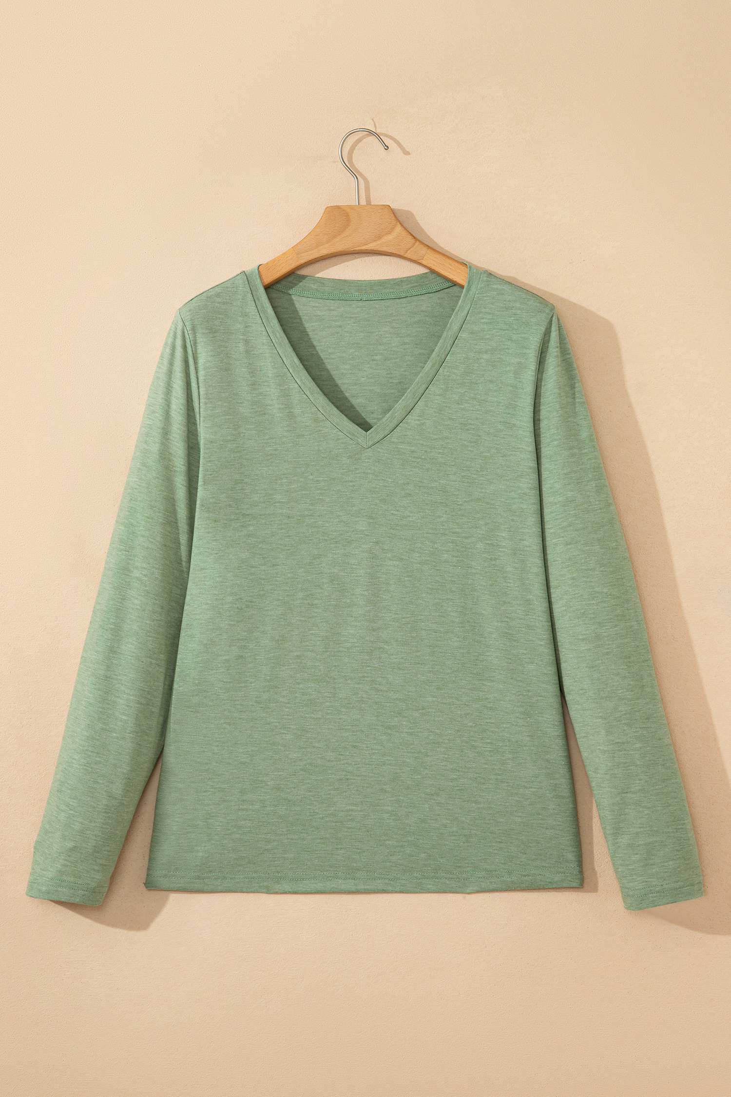 Grass Green Solid Color V Neck Long Sleeve Stretchy Top view 12