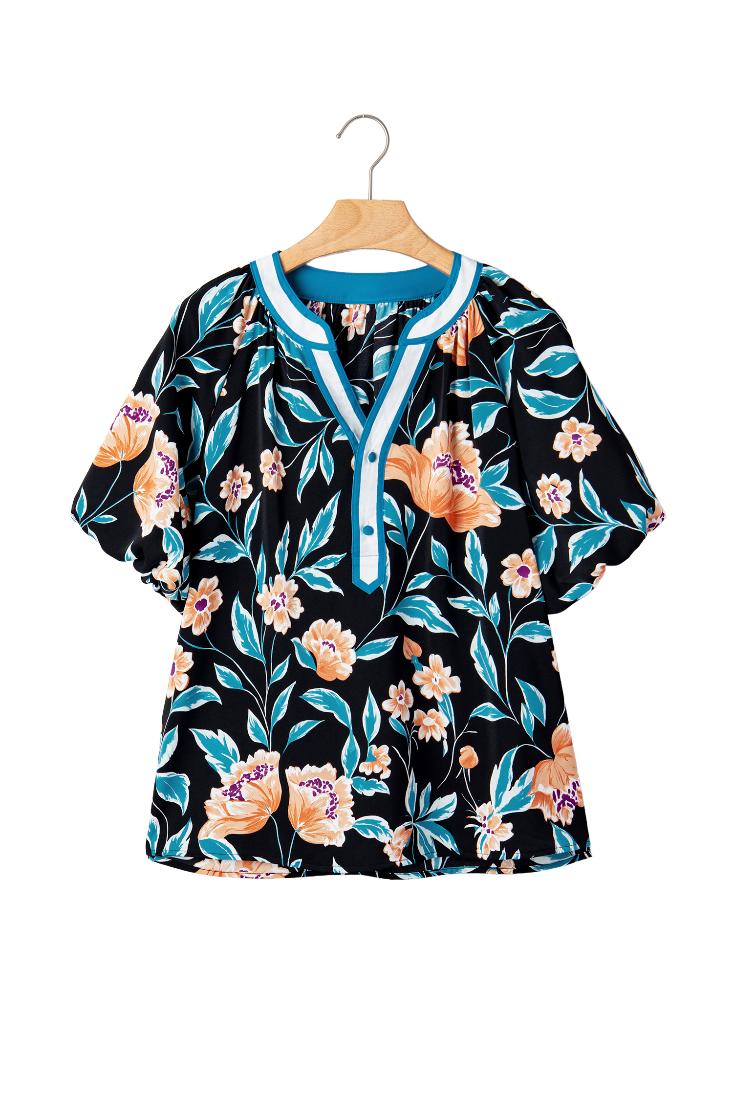 Black Floral Short Bubble Sleeve Buttoned Notched Neck Blouse