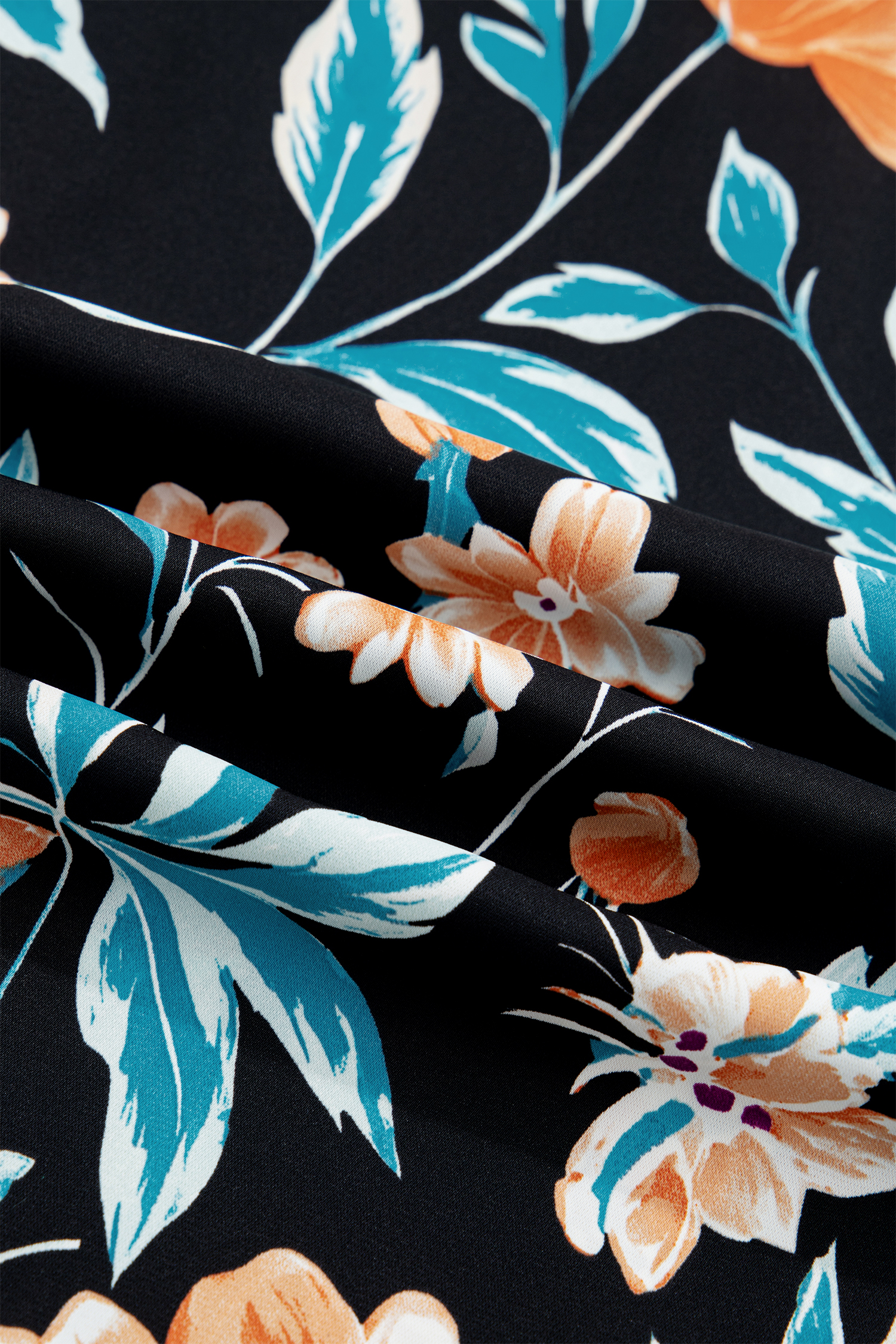 Black Floral Short Bubble Sleeve Buttoned Notched Neck Blouse