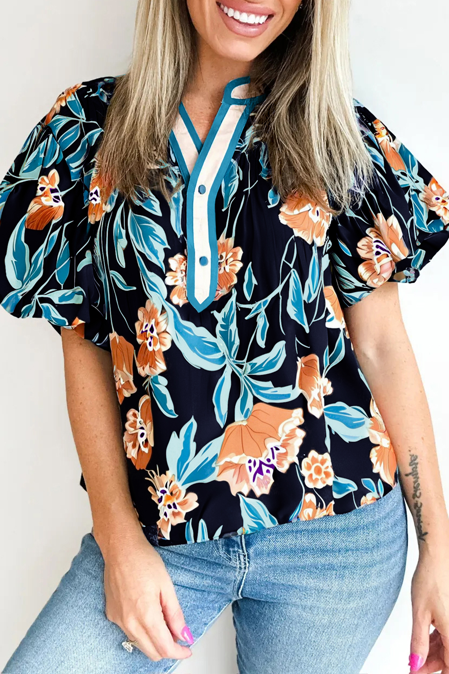 Black Floral Short Bubble Sleeve Buttoned Notched Neck Blouse