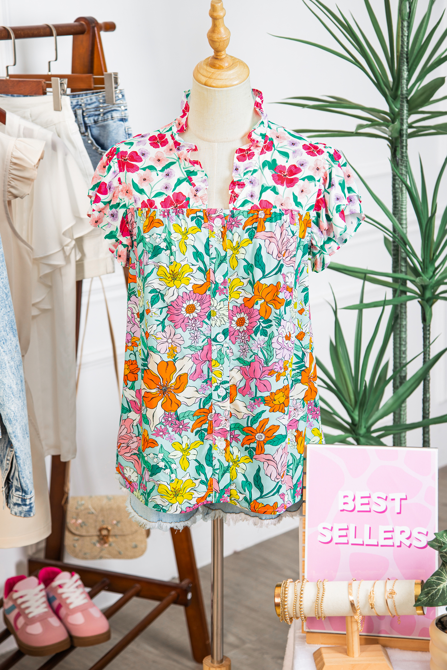 Sky Blue Floral Print Split Neck Button Front Flutter Sleeve Blouse view 13