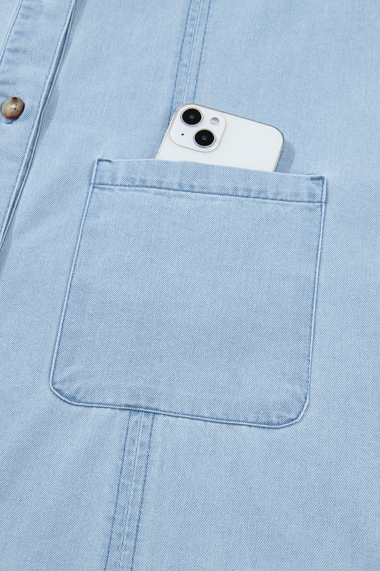 Beau Blue Ruffled Edge Collared Shift Denim Dress with Pockets view 15