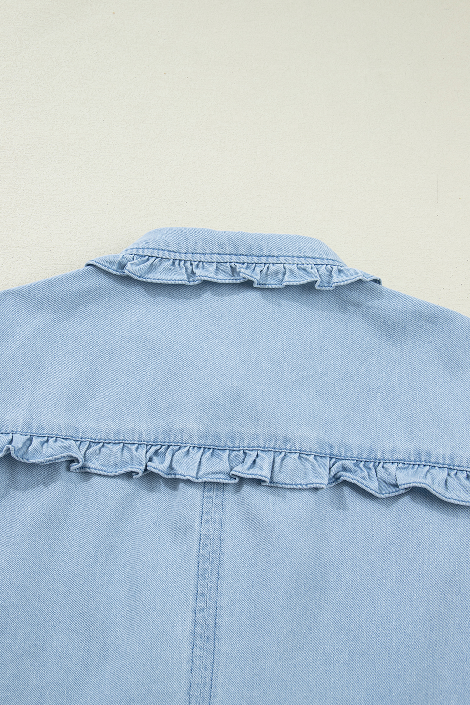 Beau Blue Ruffled Edge Collared Shift Denim Dress with Pockets view 18