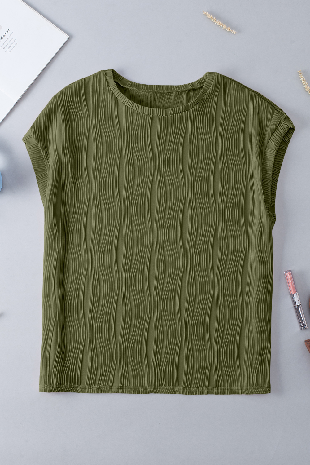Jungle Green Solid Color Wavy Textured Plus Size Tee