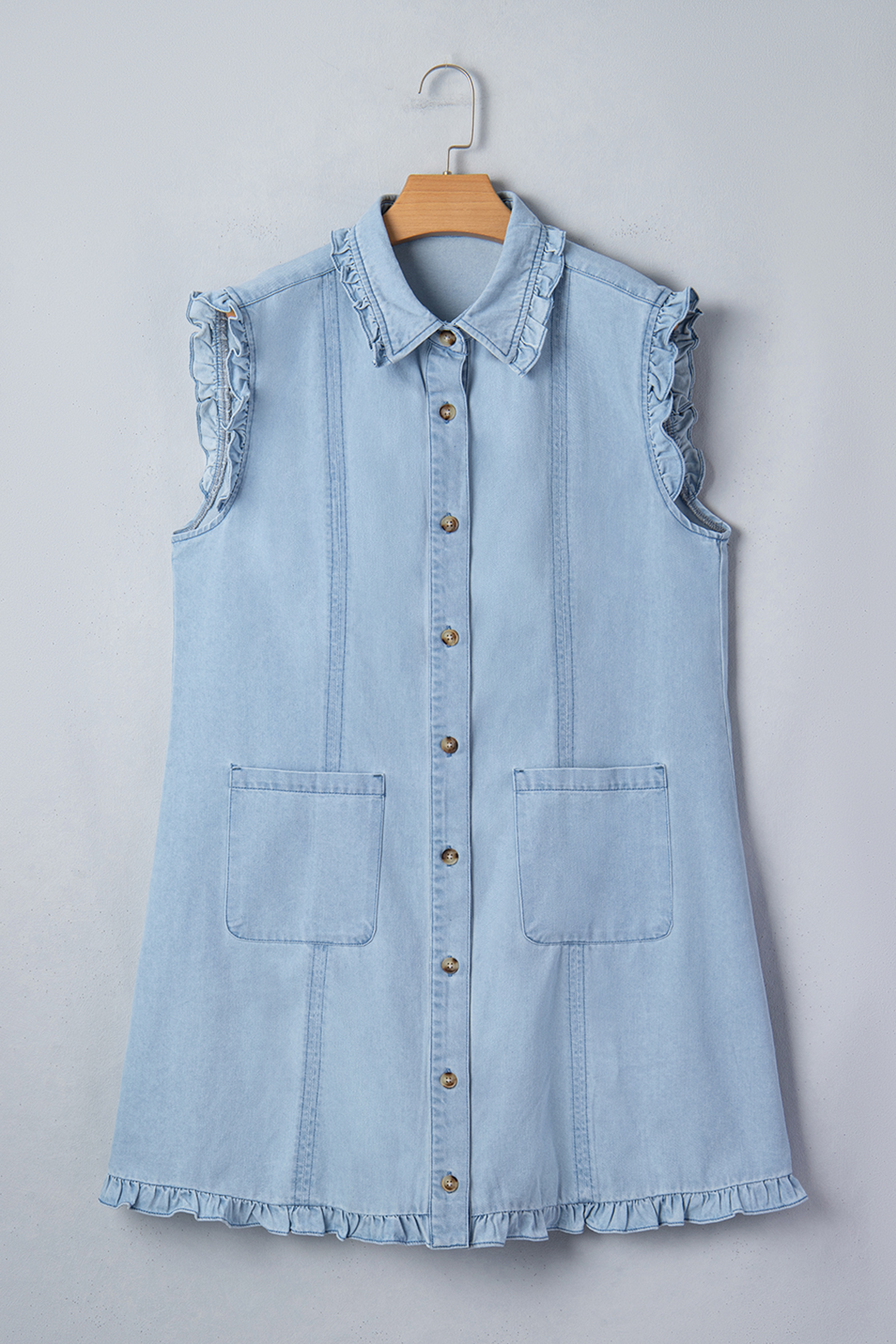 Beau Blue Ruffled Edge Collared Shift Denim Dress with Pockets view 13