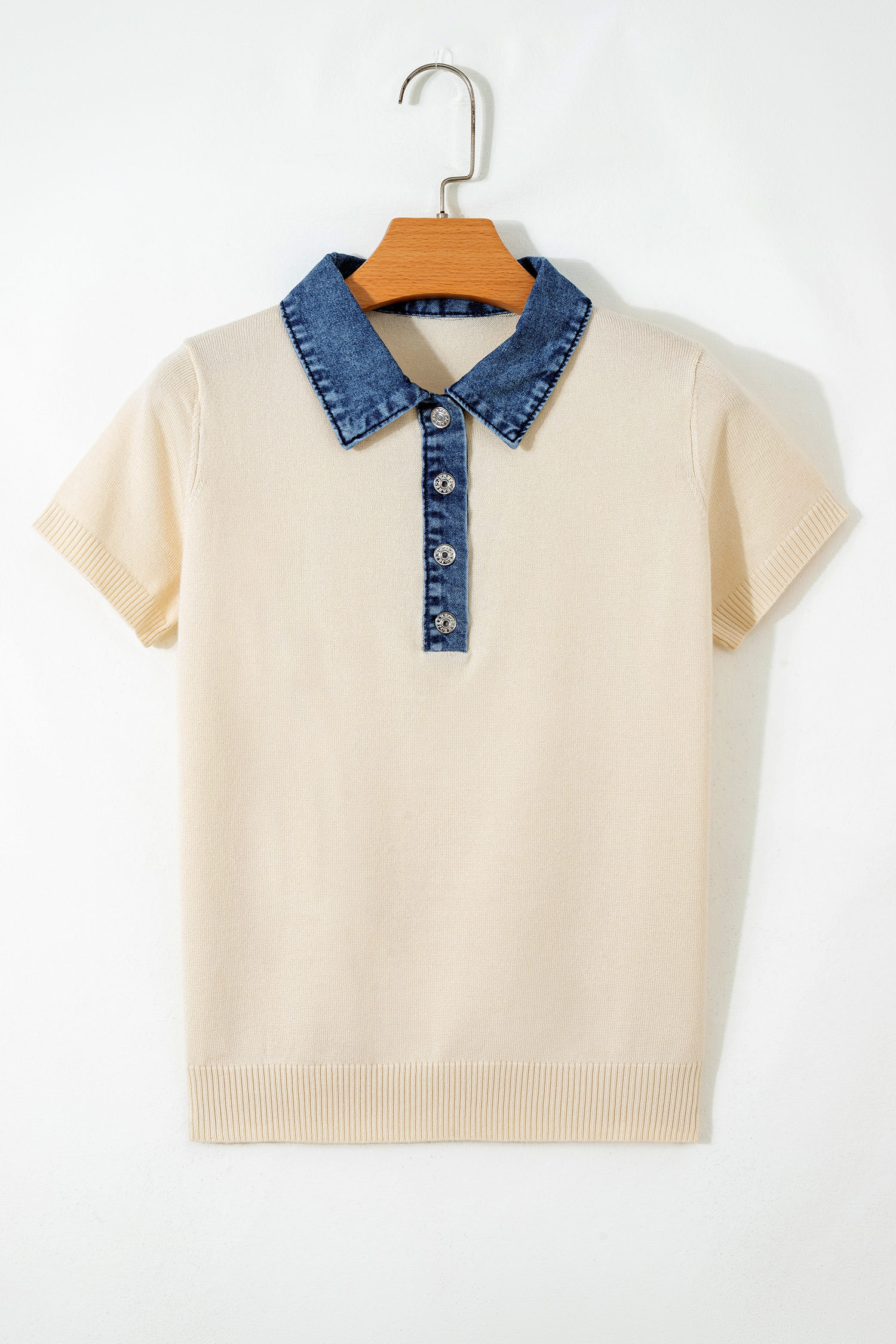 Jet Stream Short Sleeve Knit Denim Patchwork Polo Collar Sweater