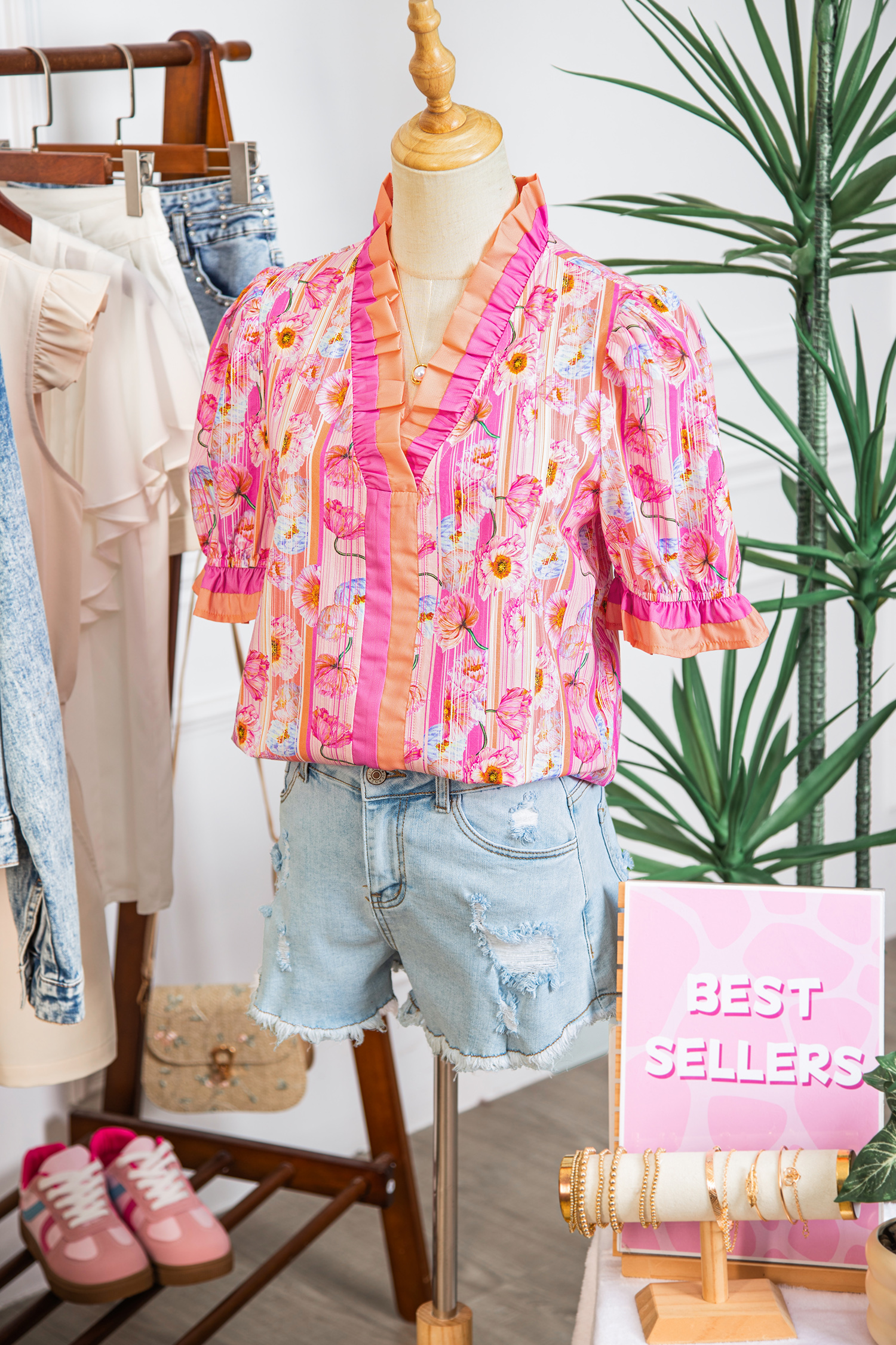 Pink Poppy Flower Striped Print Color Block Trim V Neck Short Sleeve Blouse view 11