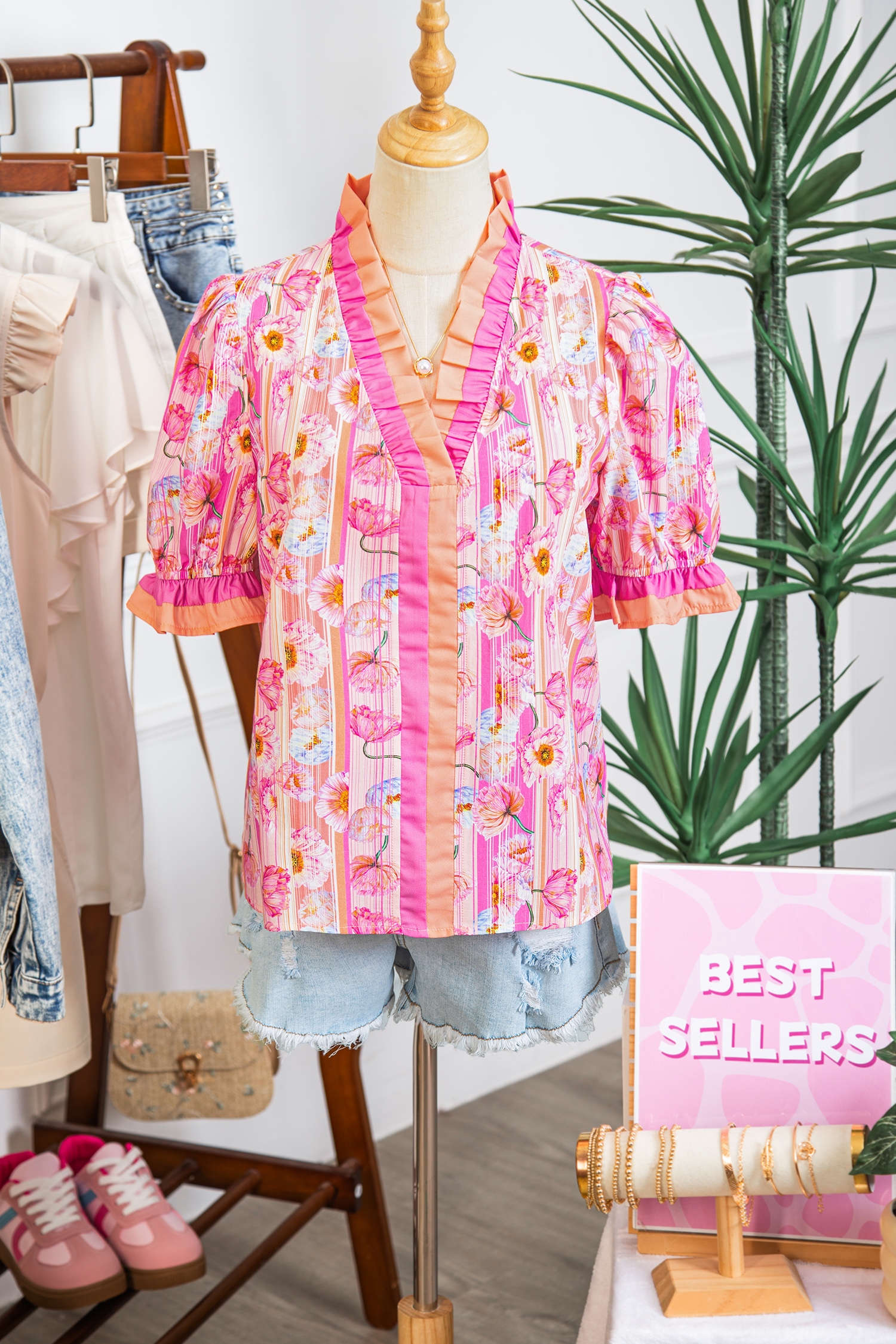 Pink Poppy Flower Striped Print Color Block Trim V Neck Short Sleeve Blouse view 12