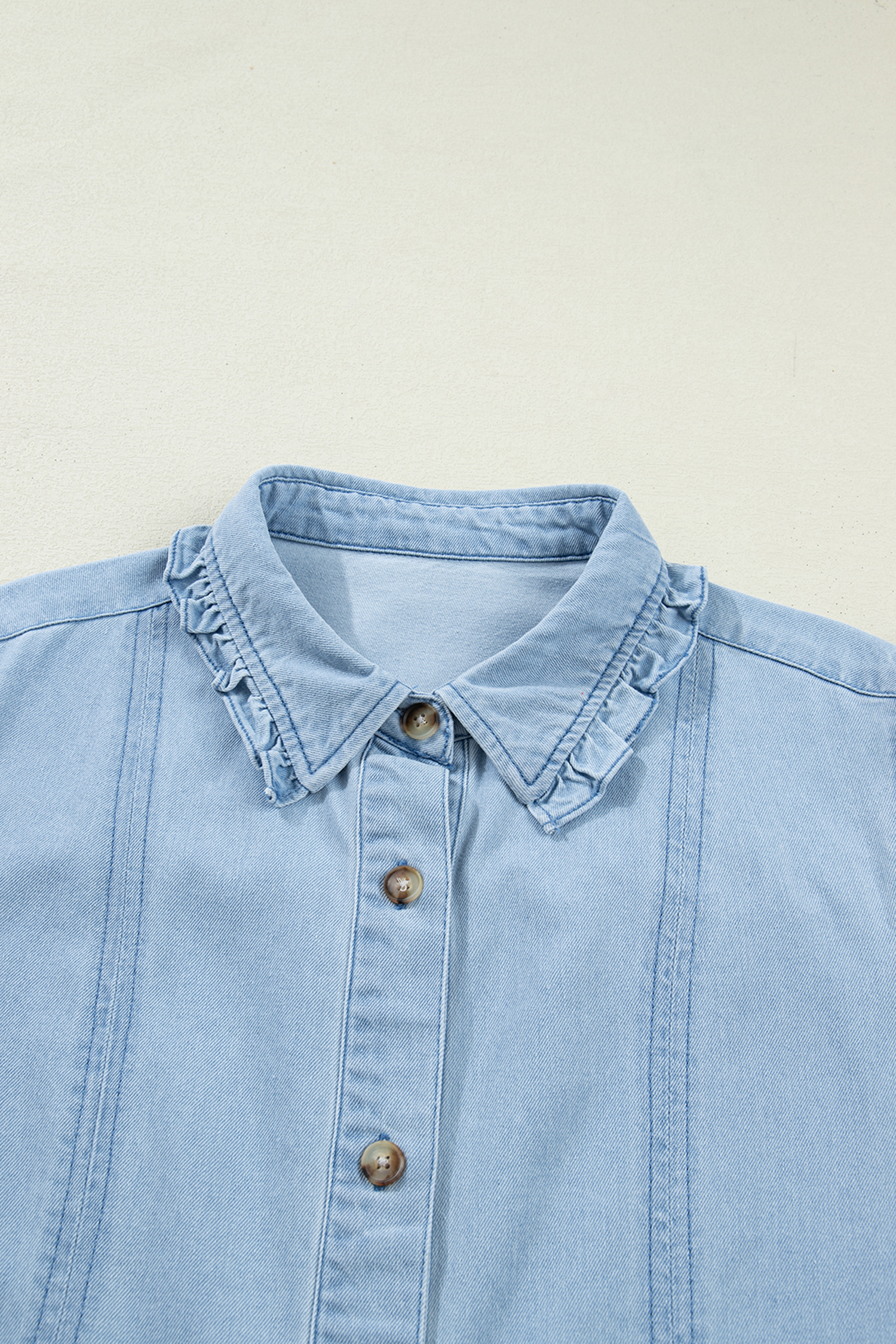 Beau Blue Ruffled Edge Collared Shift Denim Dress with Pockets view 22