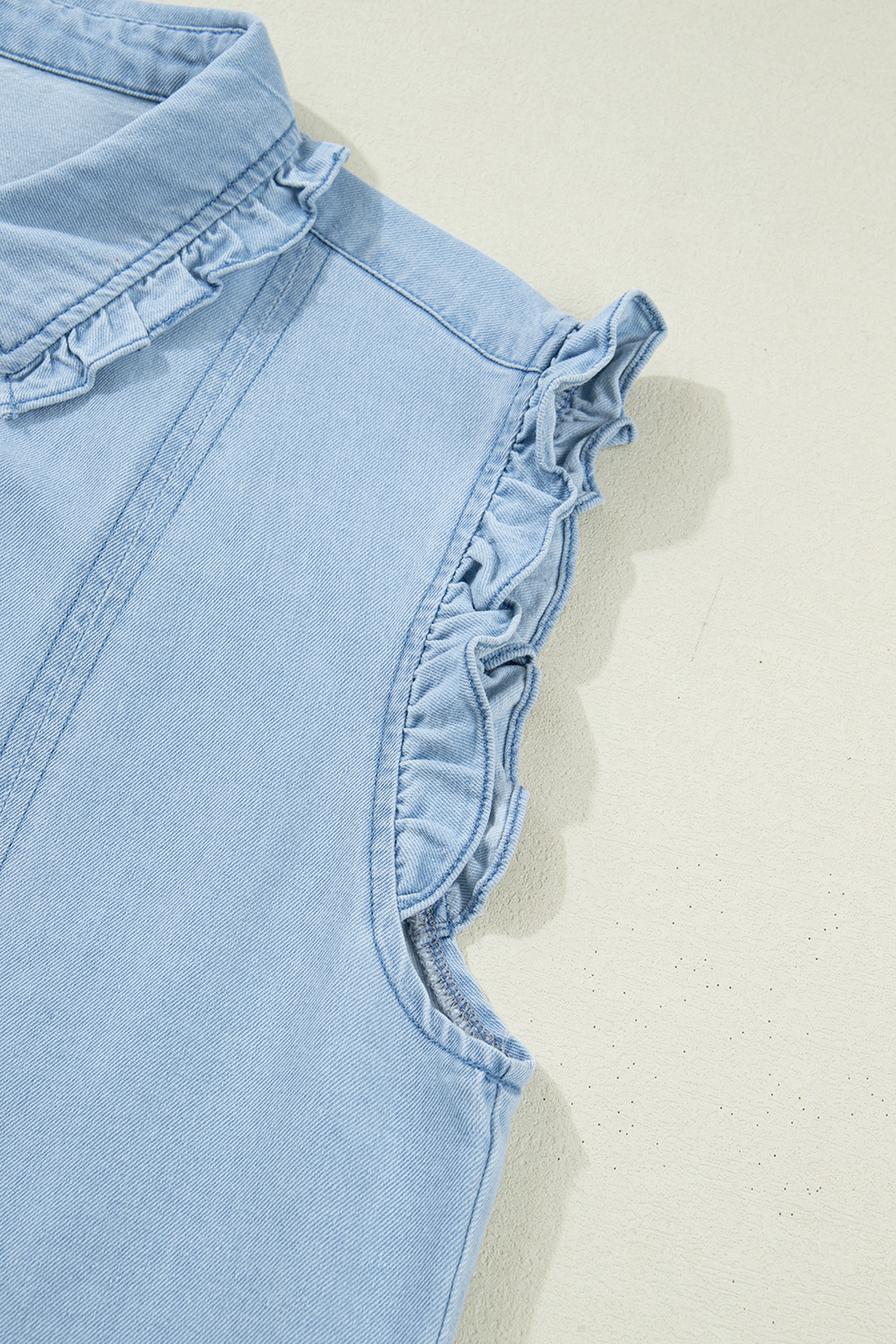 Beau Blue Ruffled Edge Collared Shift Denim Dress with Pockets view 17