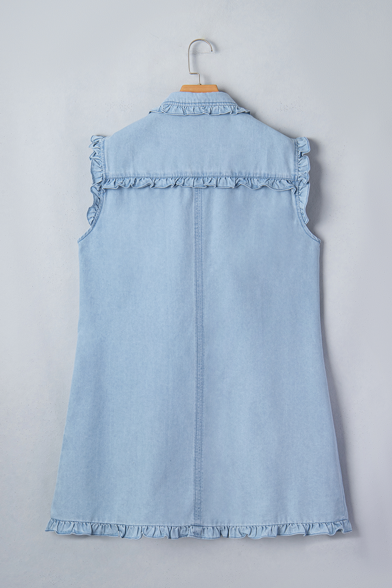 Beau Blue Ruffled Edge Collared Shift Denim Dress with Pockets view 14