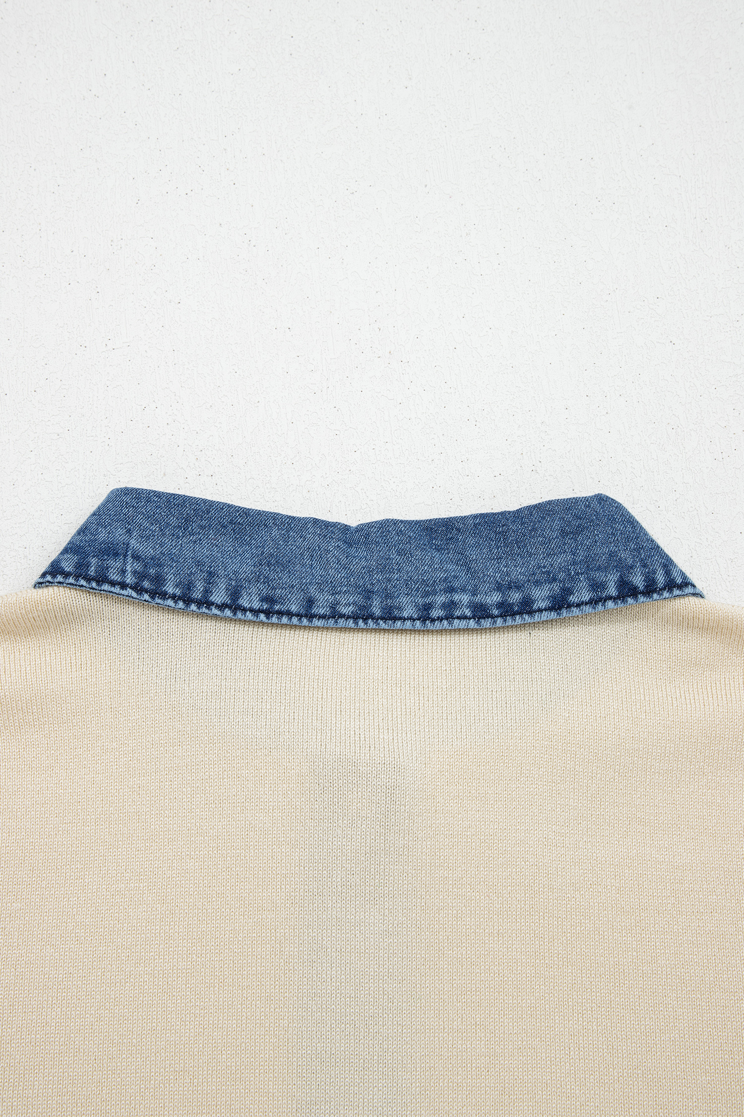 Jet Stream Short Sleeve Knit Denim Patchwork Polo Collar Sweater