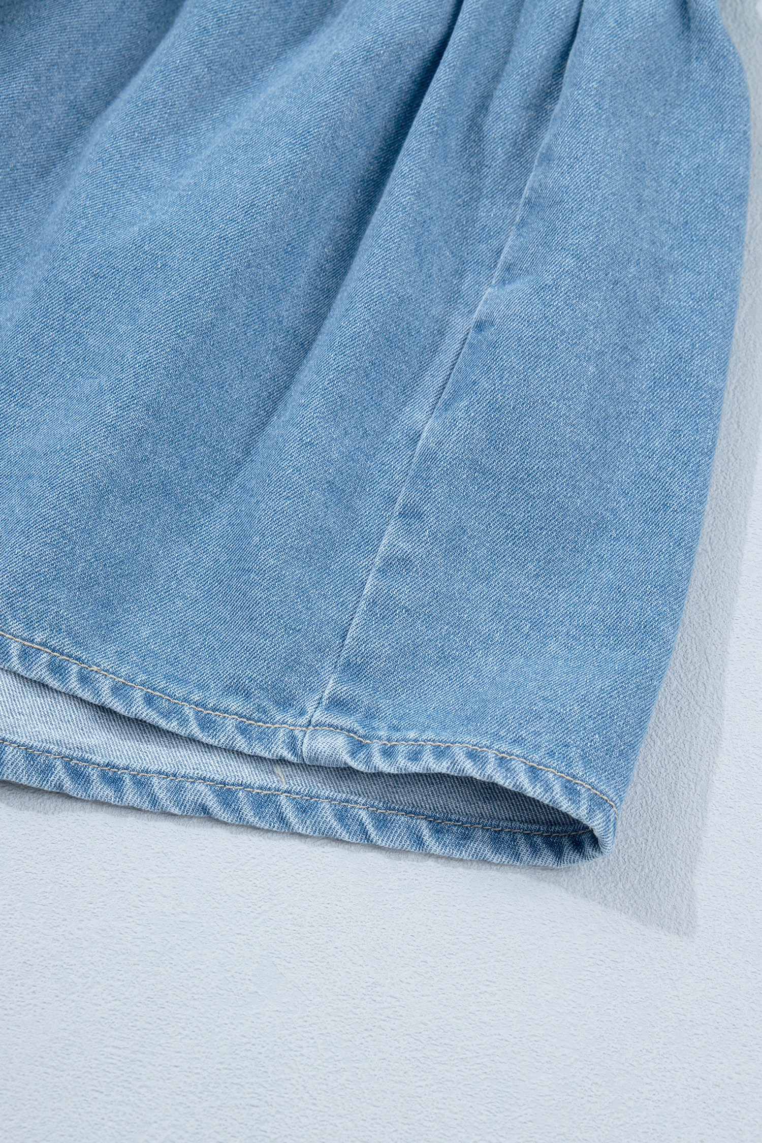 Beau Blue Button Down Short Puff Sleeve Ruffle Hem Patchwork Denim Dress view 19