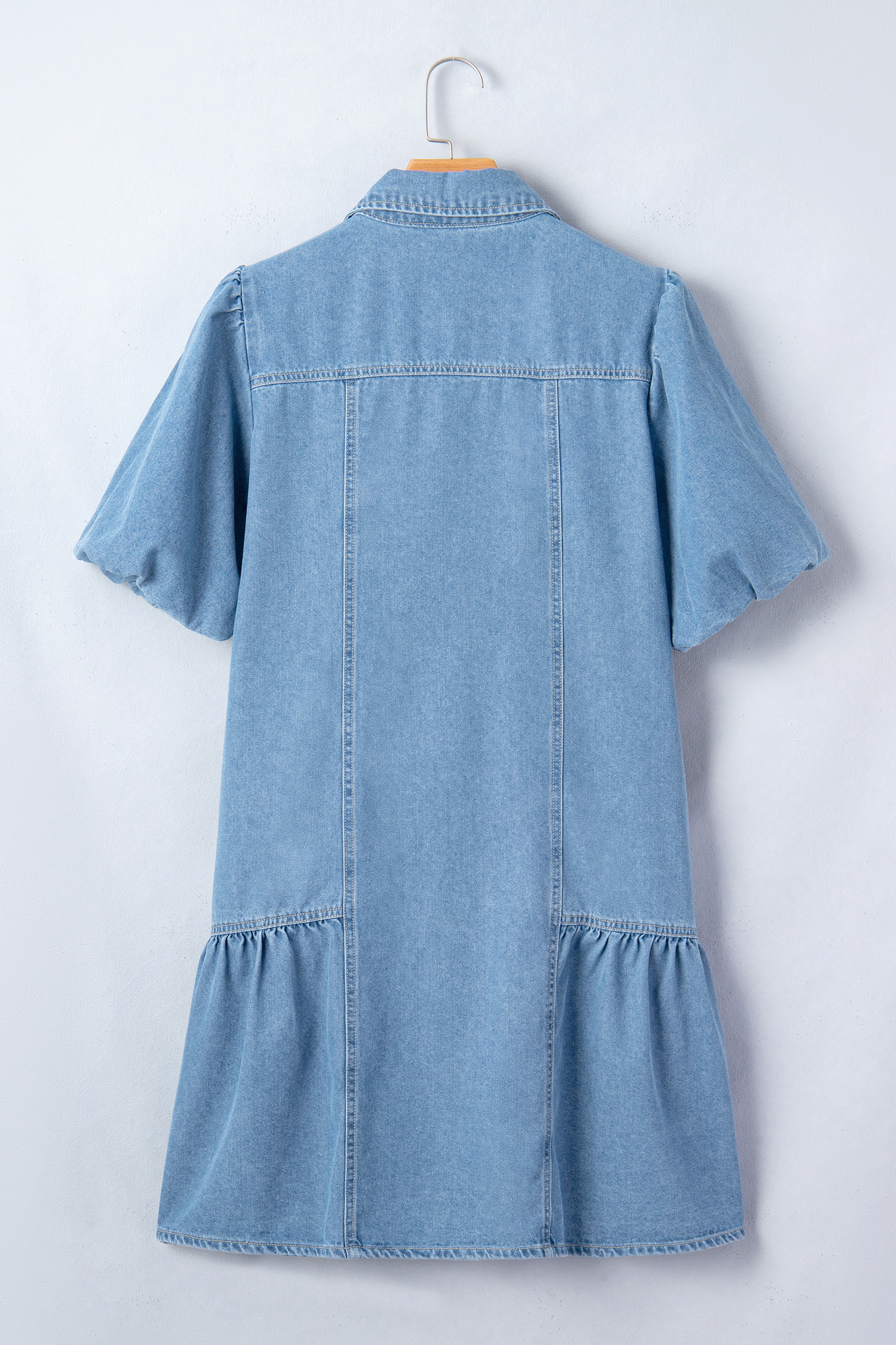 Beau Blue Button Down Short Puff Sleeve Ruffle Hem Patchwork Denim Dress view 14