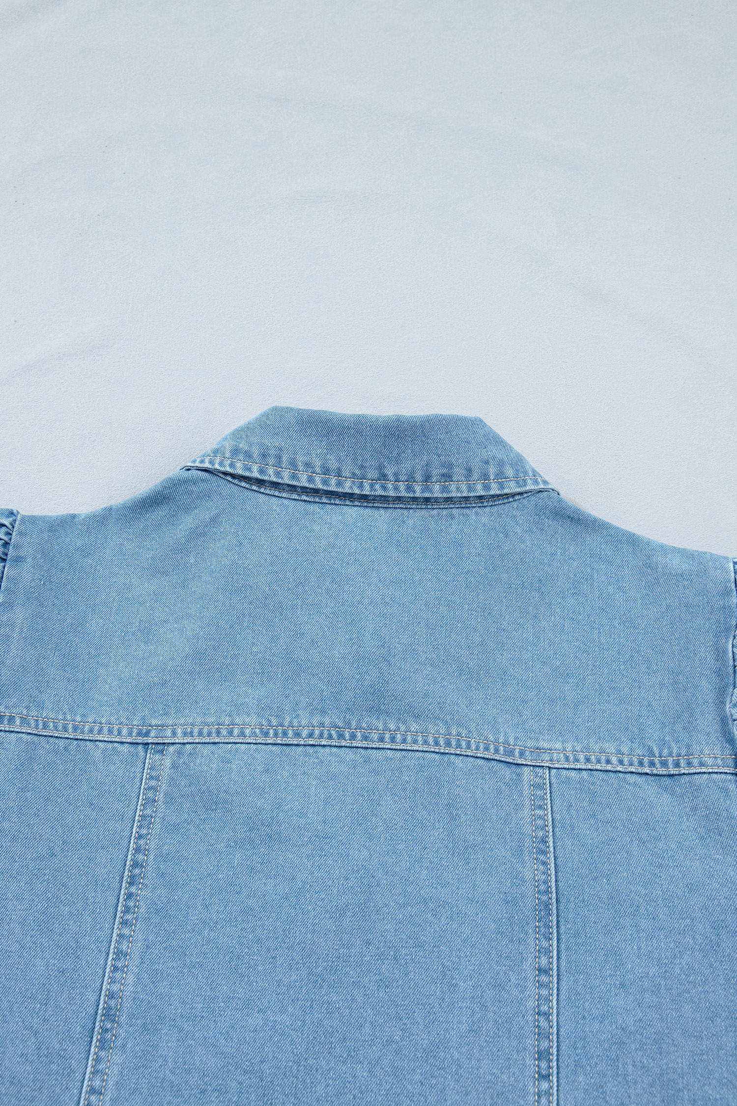 Beau Blue Button Down Short Puff Sleeve Ruffle Hem Patchwork Denim Dress view 16