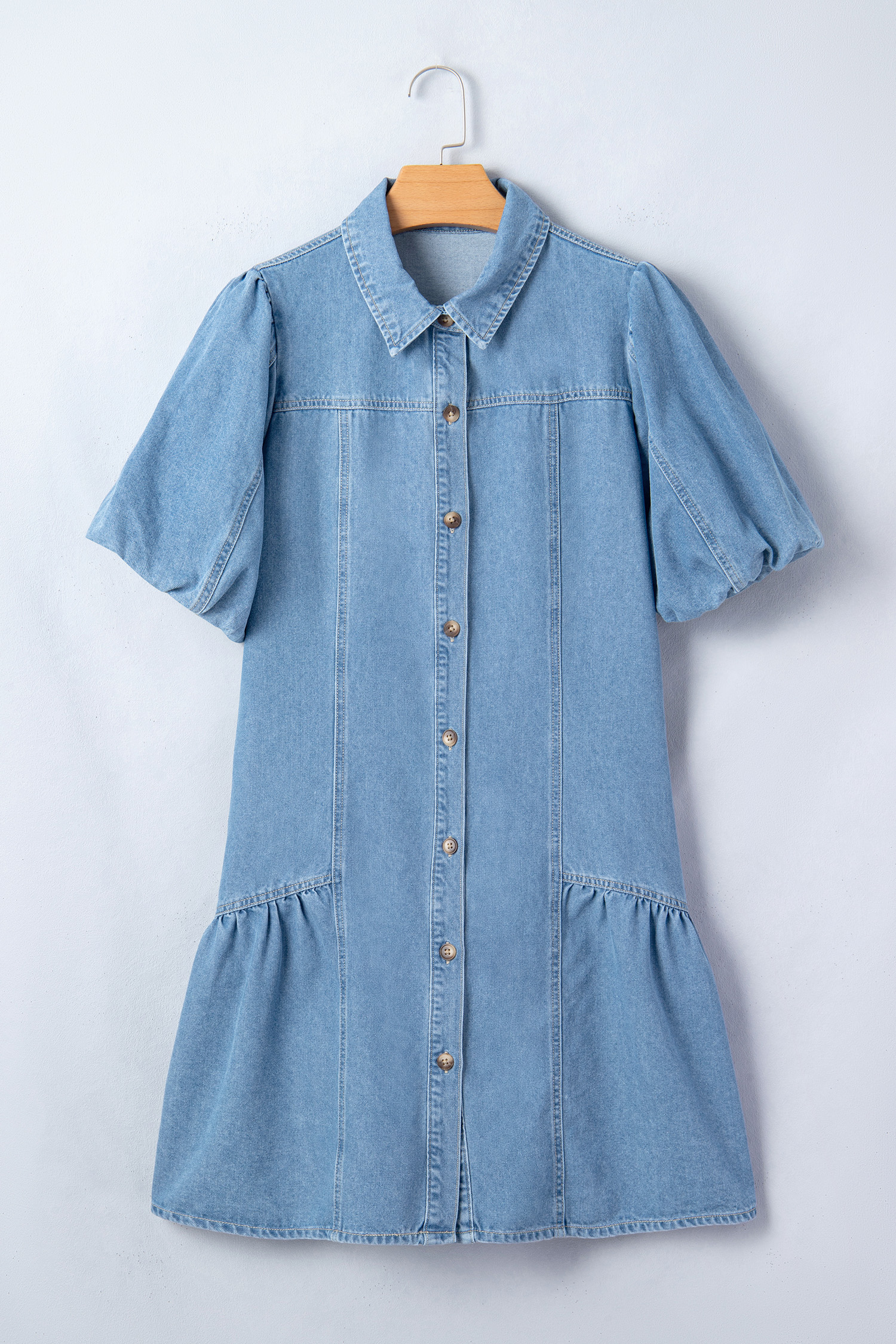 Beau Blue Button Down Short Puff Sleeve Ruffle Hem Patchwork Denim Dress view 13
