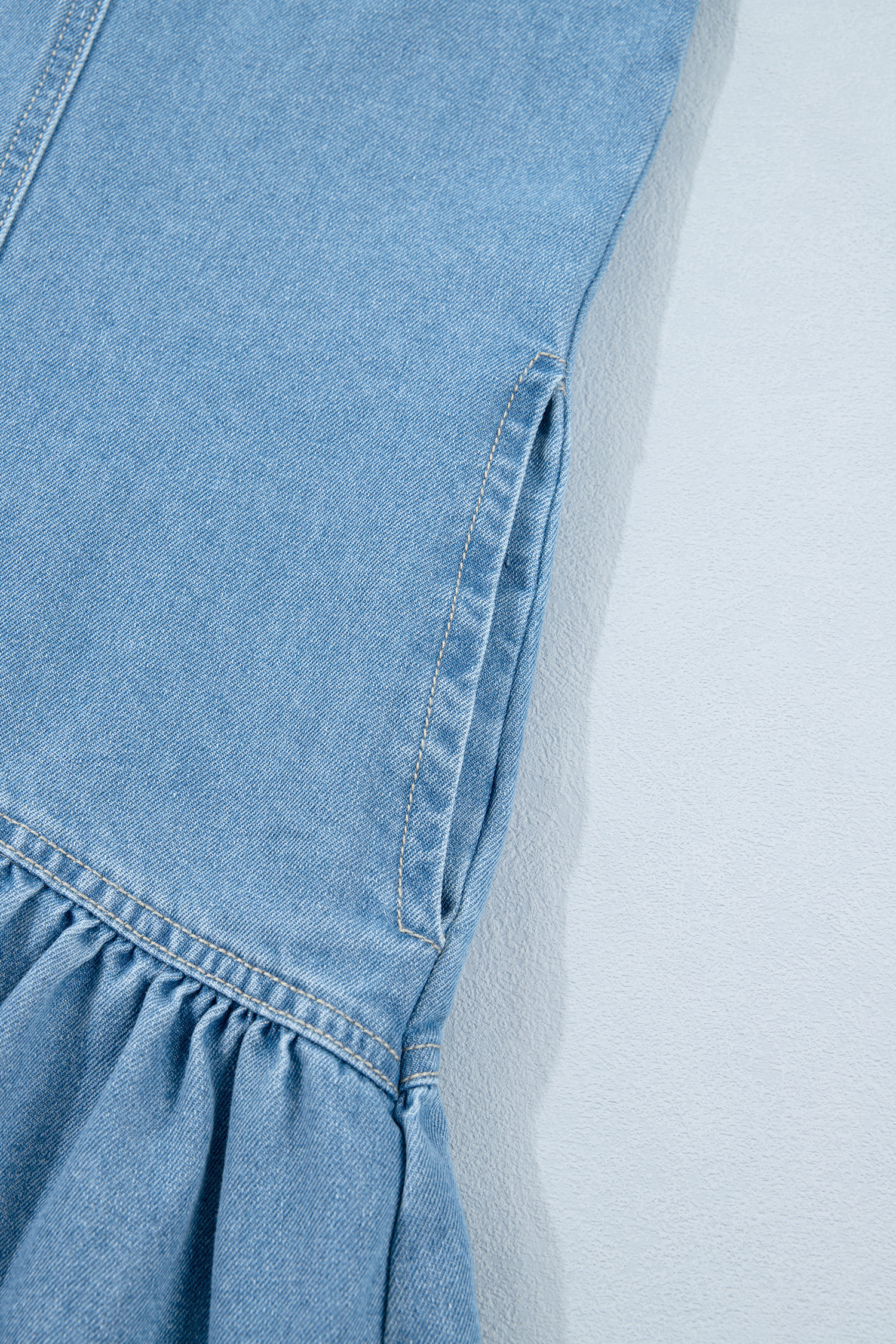 Beau Blue Button Down Short Puff Sleeve Ruffle Hem Patchwork Denim Dress view 18