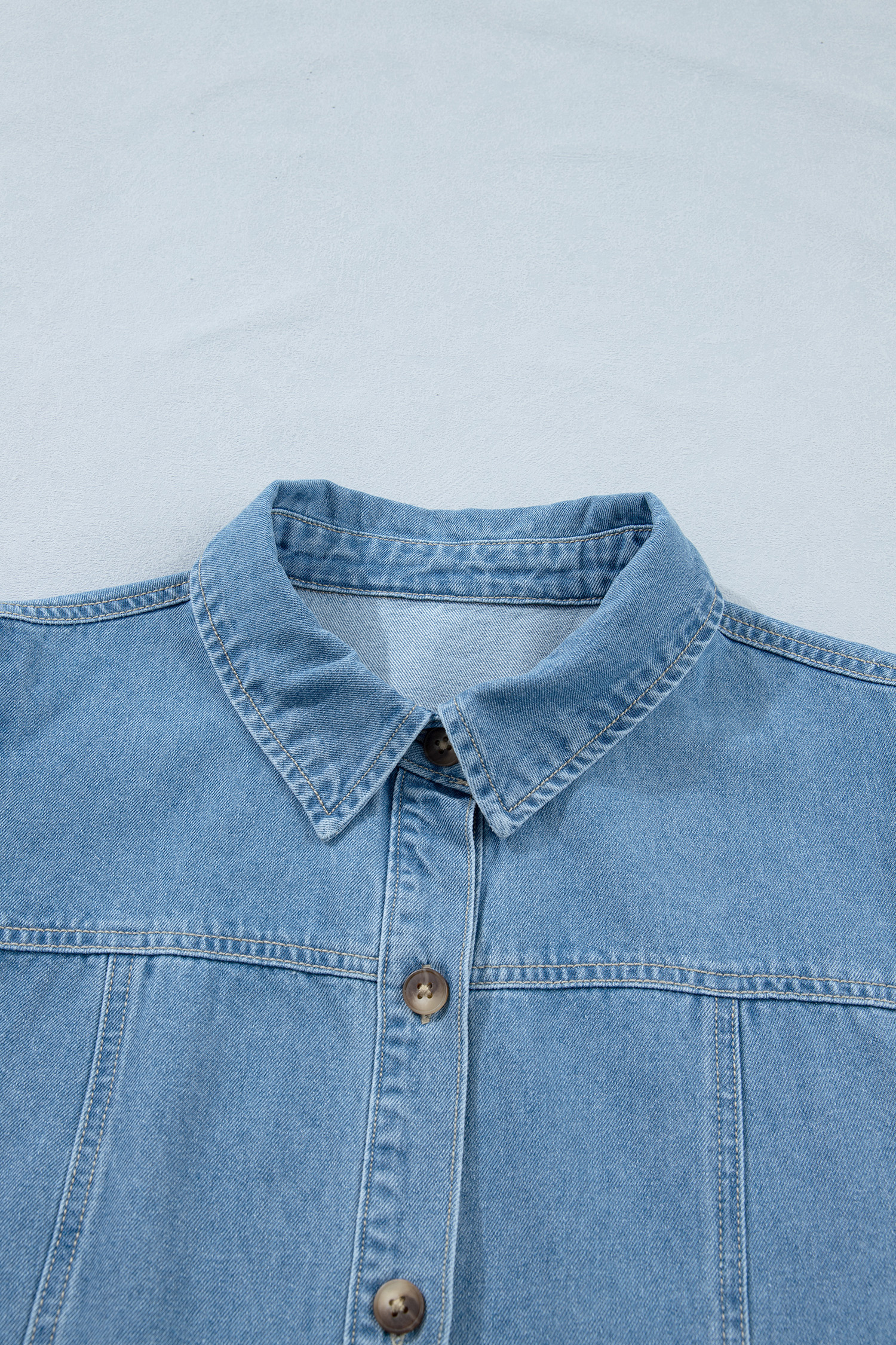 Beau Blue Button Down Short Puff Sleeve Ruffle Hem Patchwork Denim Dress view 22