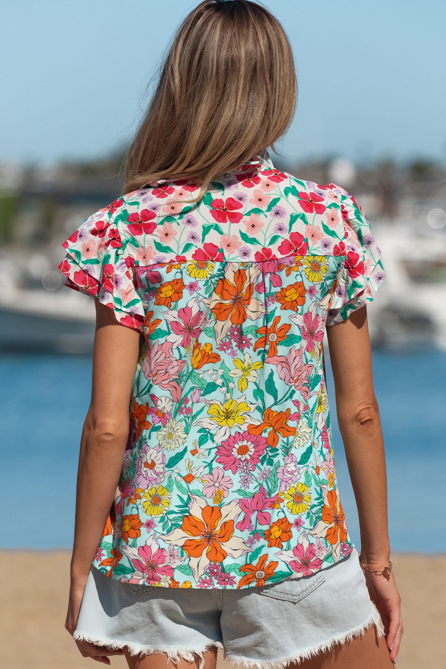 Sky Blue Floral Print Split Neck Button Front Flutter Sleeve Blouse view 2