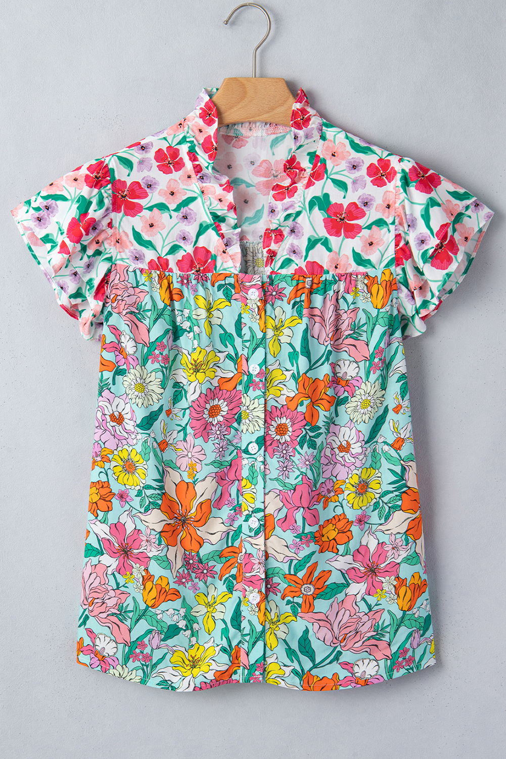 Sky Blue Floral Print Split Neck Button Front Flutter Sleeve Blouse view 23