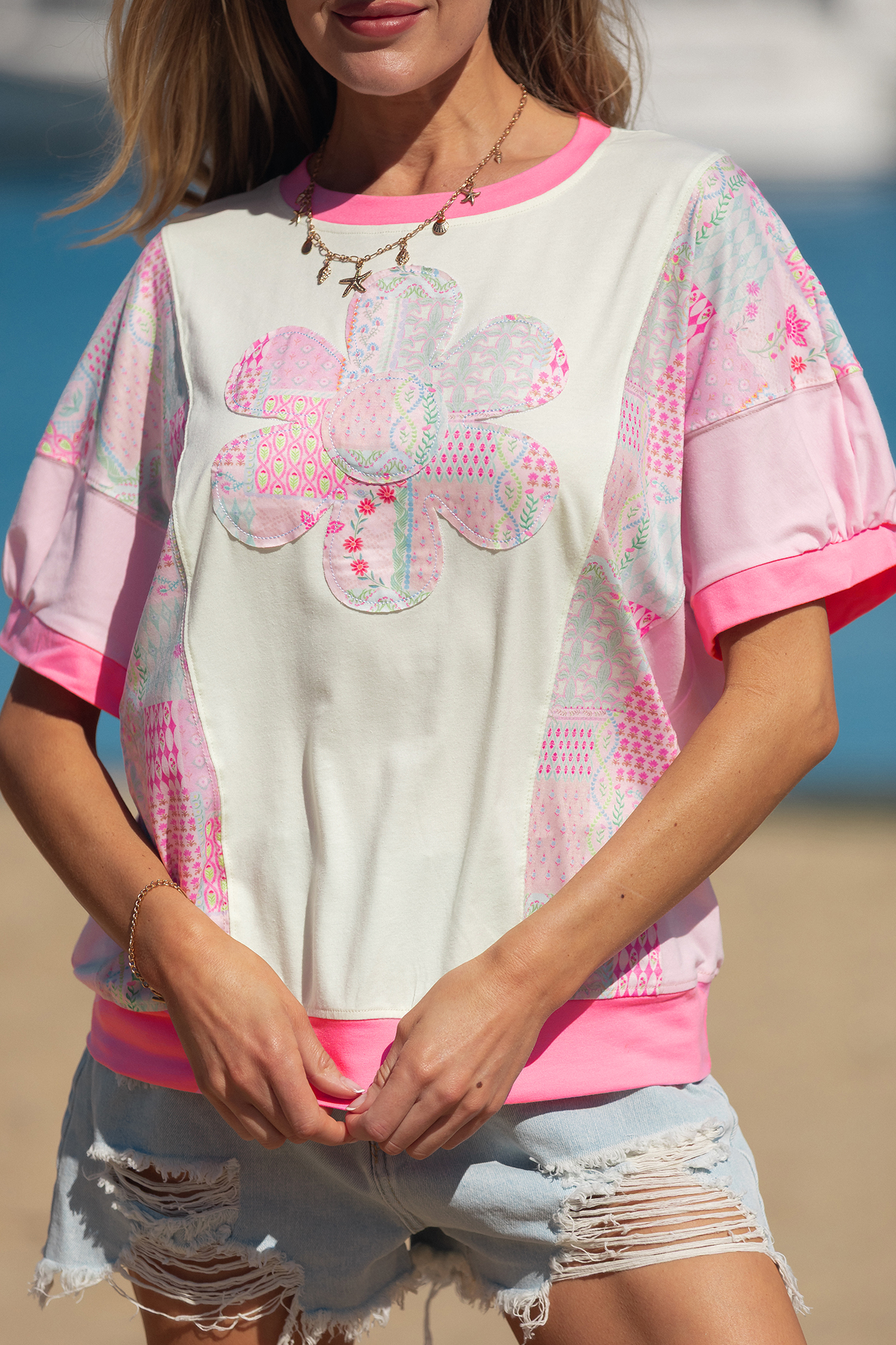 Beige Color Block Floral Patchwork Big Flower Accent Relaxed Top view 8