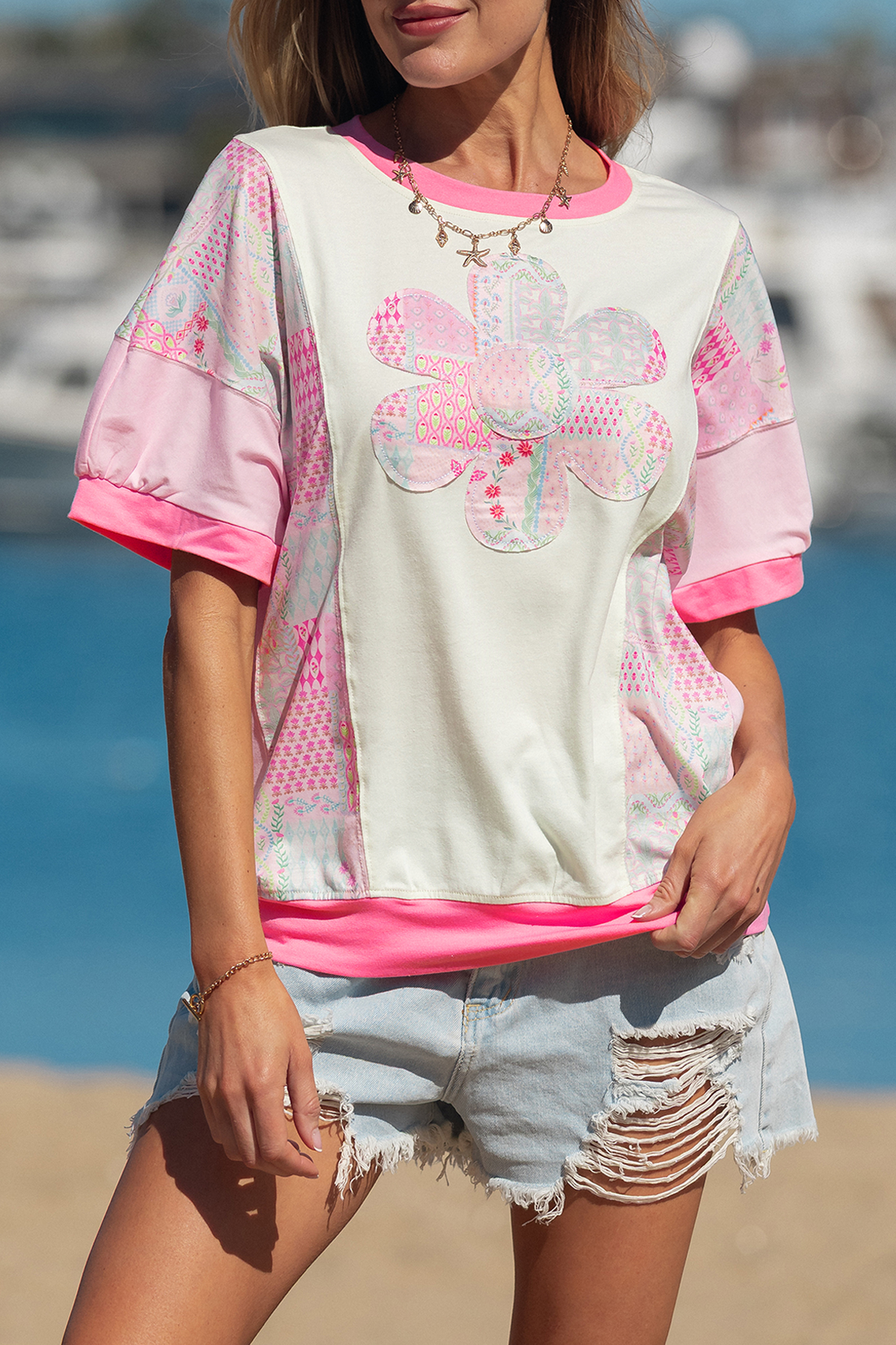 Beige Color Block Floral Patchwork Big Flower Accent Relaxed Top view 7