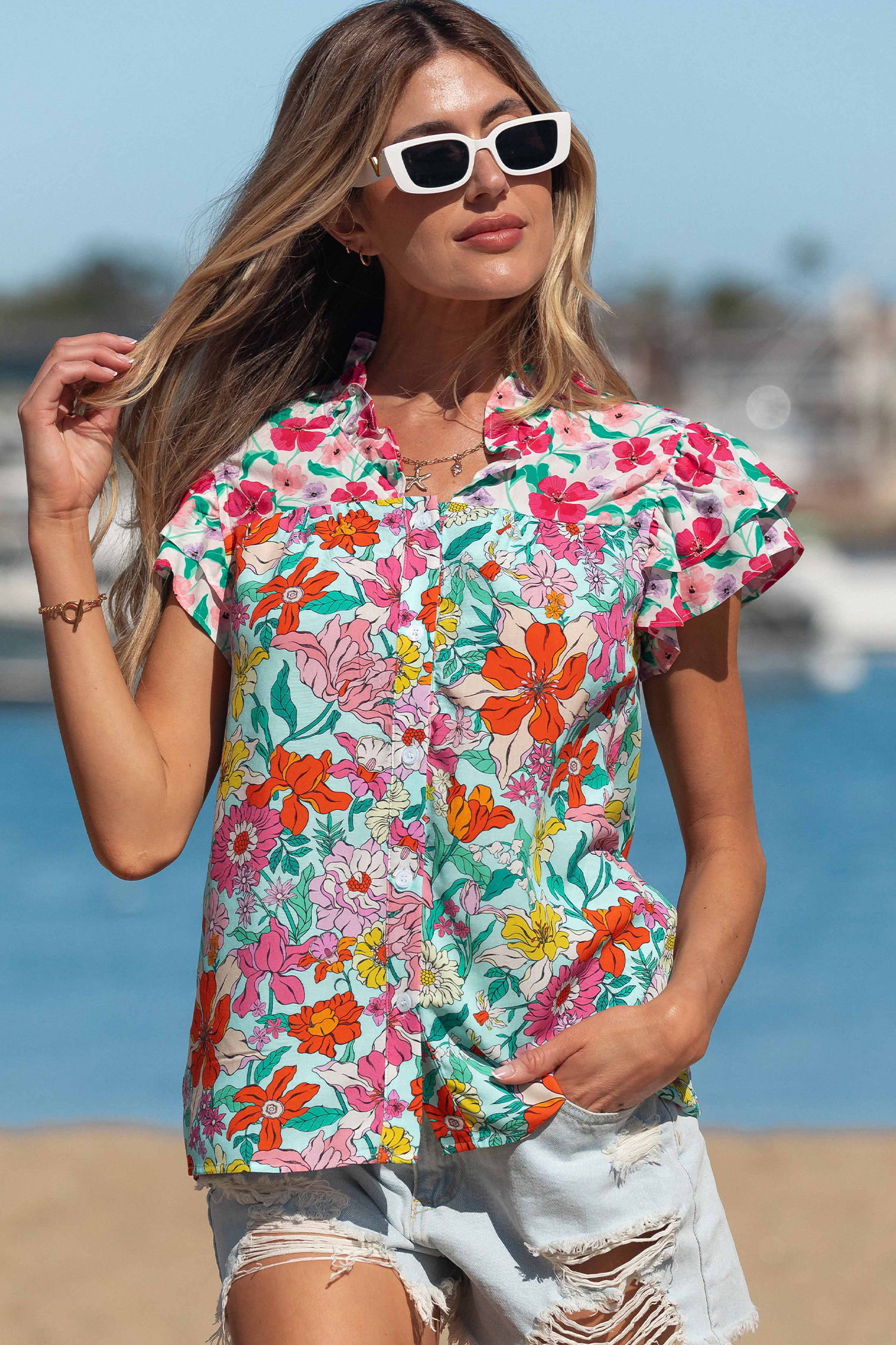 Sky Blue Floral Print Split Neck Button Front Flutter Sleeve Blouse view 4