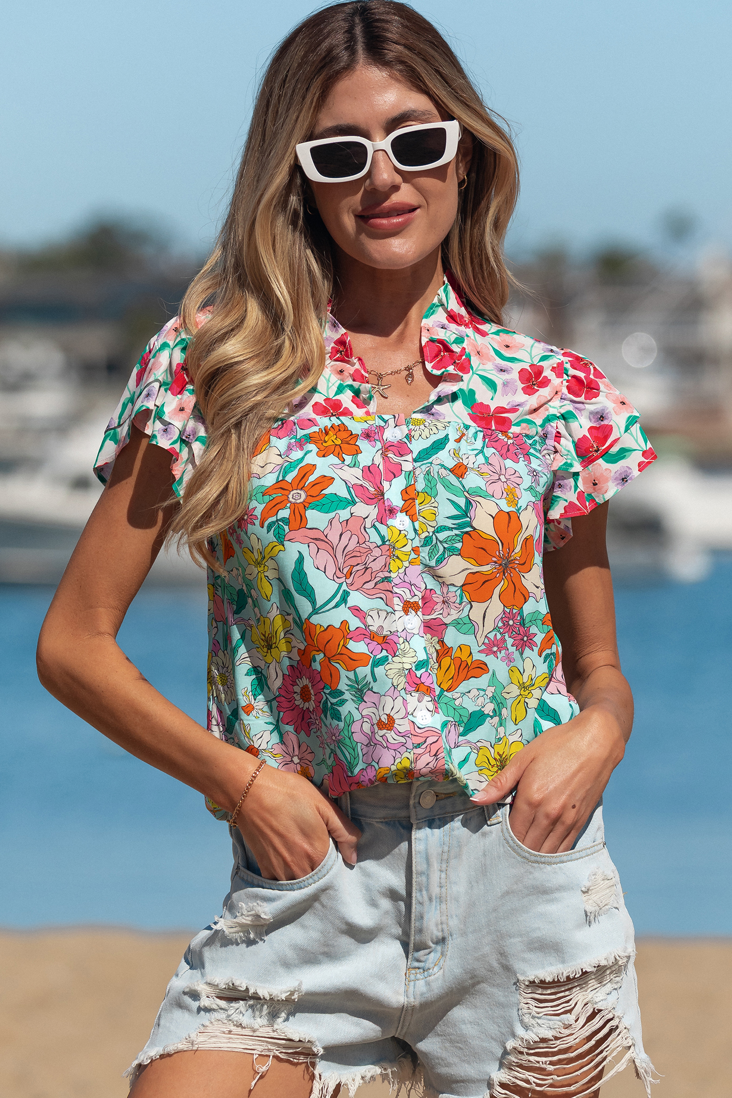 Sky Blue Floral Print Split Neck Button Front Flutter Sleeve Blouse view 3