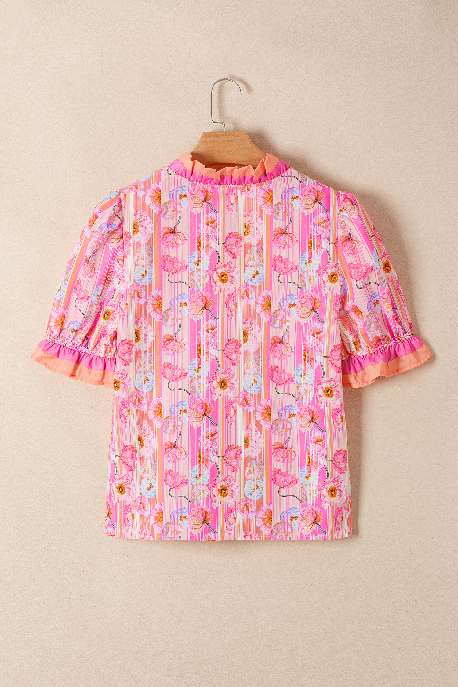 Pink Poppy Flower Striped Print Color Block Trim V Neck Short Sleeve Blouse view 17