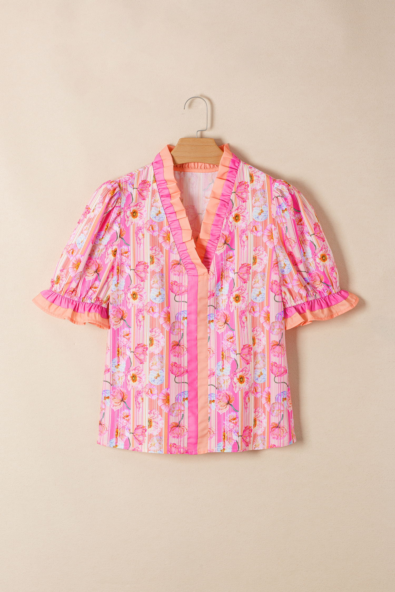 Pink Poppy Flower Striped Print Color Block Trim V Neck Short Sleeve Blouse view 16