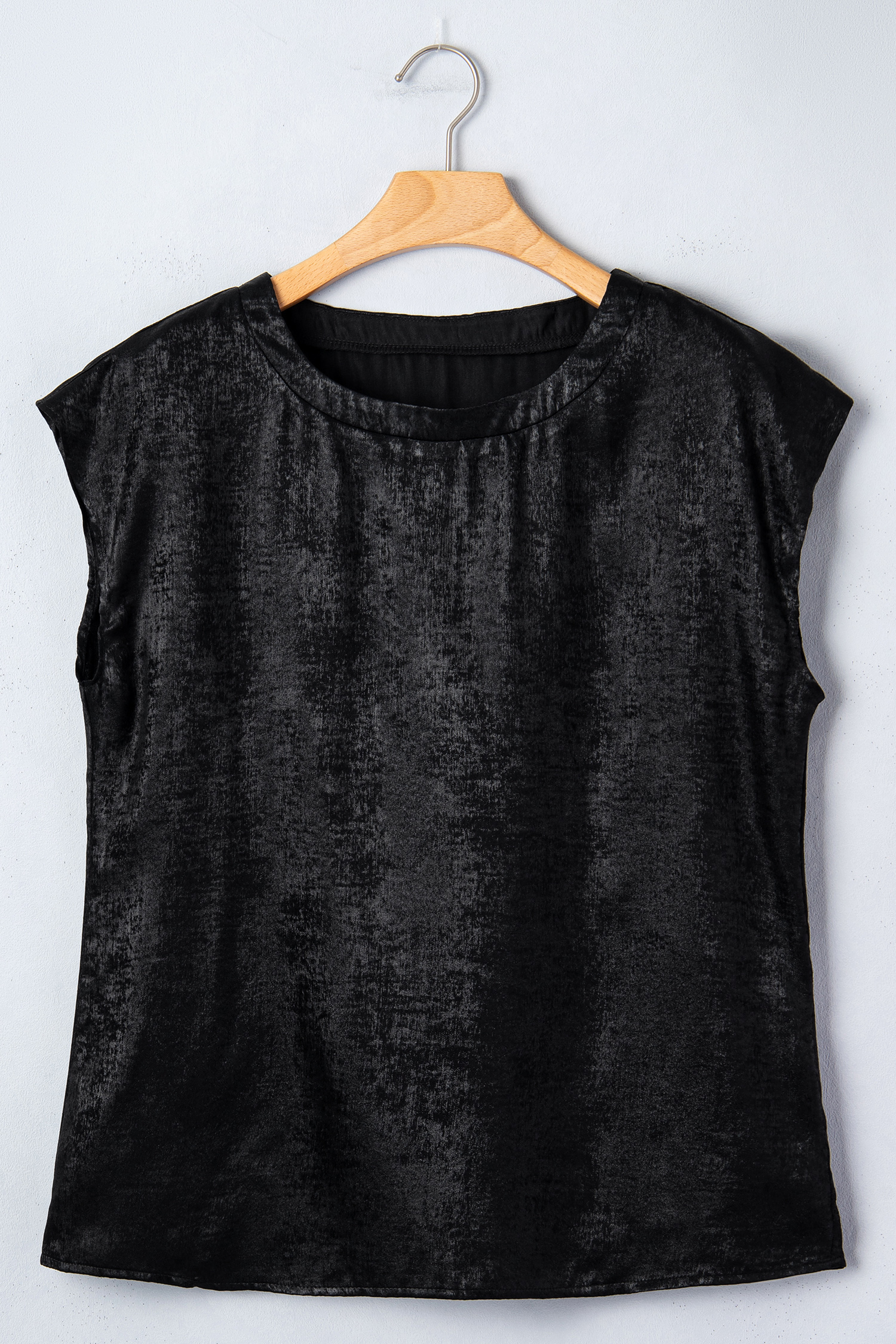 Black Metallic Round Neck Cap Sleeve Tee view 4