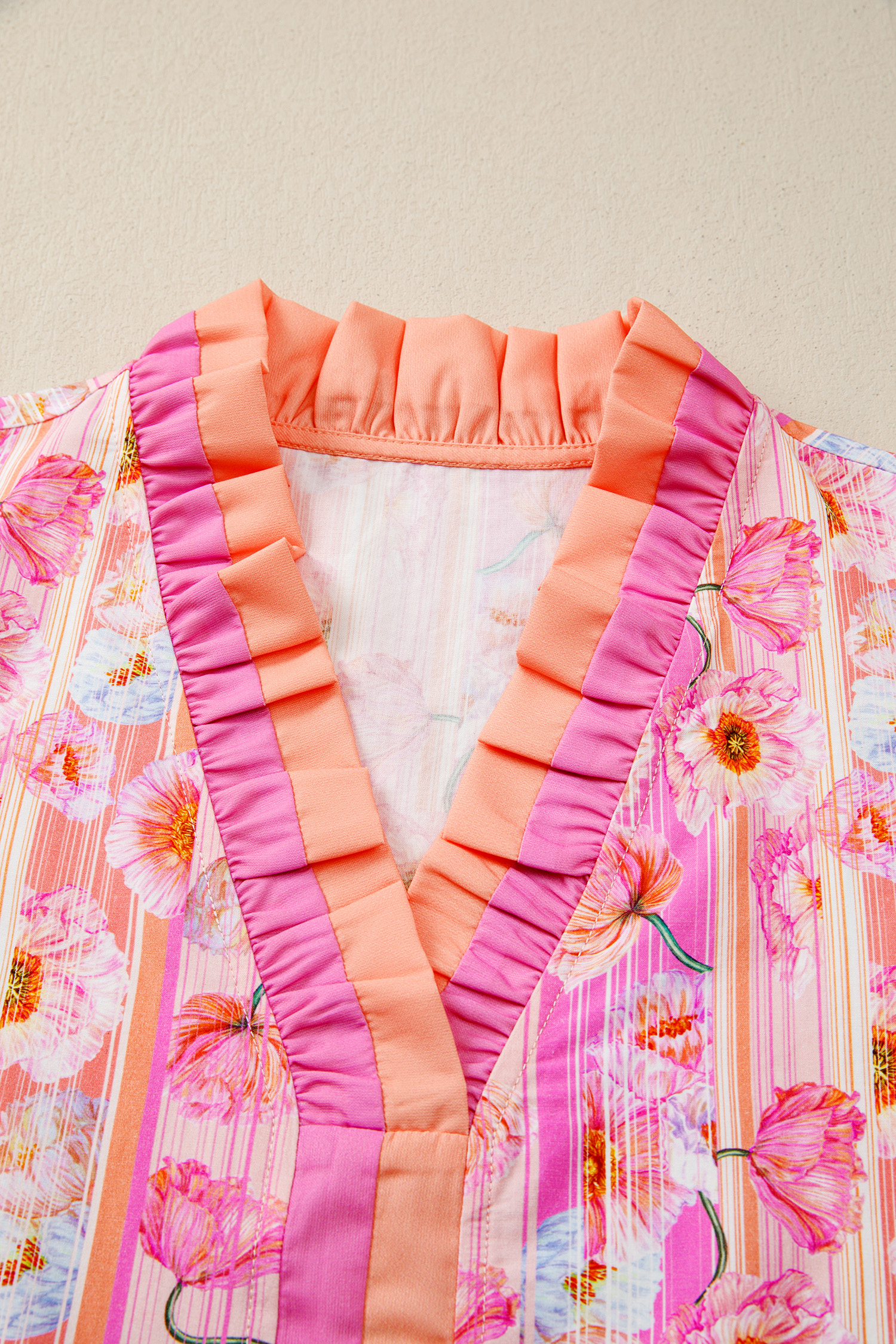 Pink Poppy Flower Striped Print Color Block Trim V Neck Short Sleeve Blouse view 18