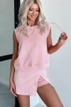 Light Pink Solid Color Washed Sleeveless Top Split Skort Cotton 2pcs Outfit