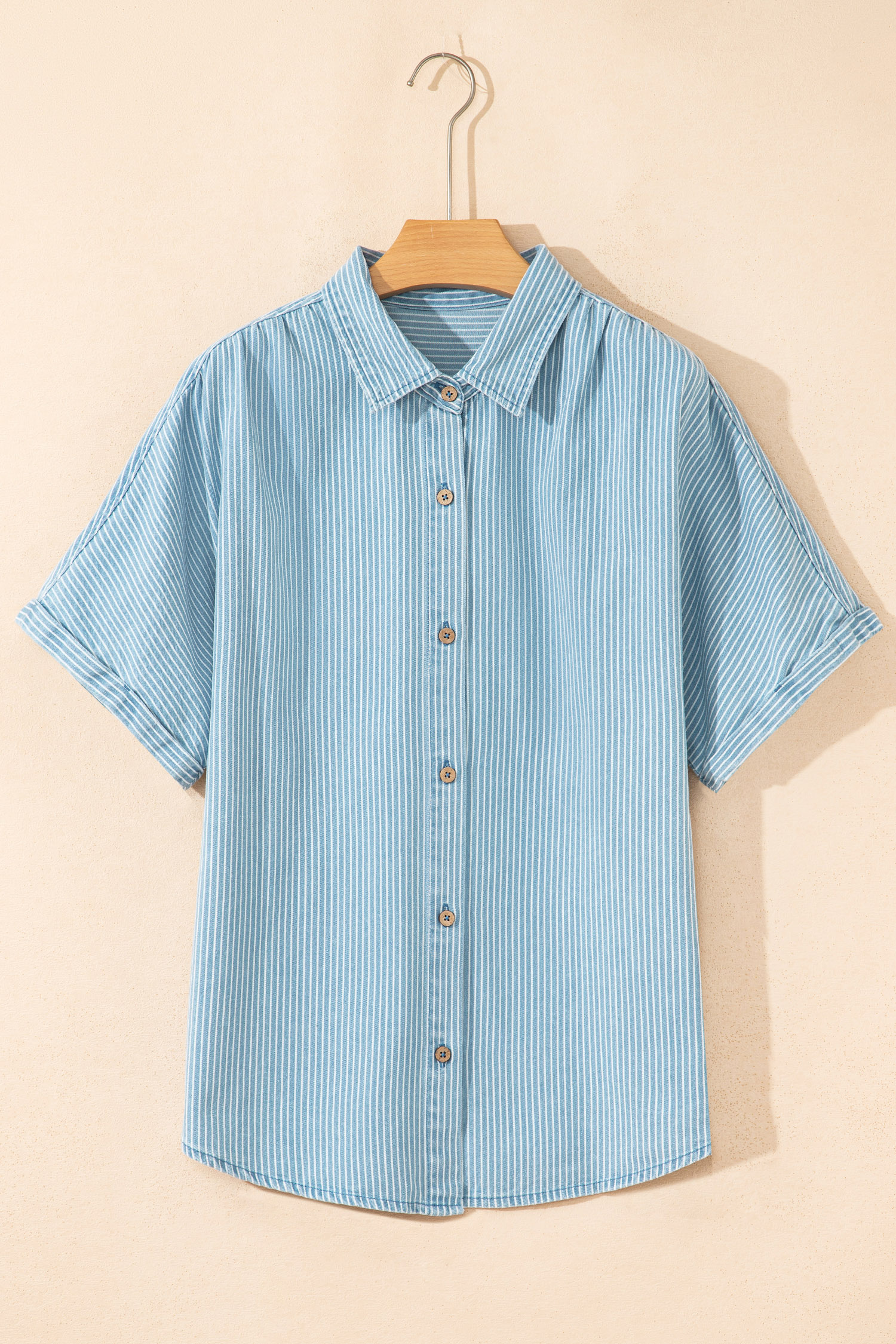 Sky Blue Stripe Cuffed Short Sleeve Button up Loose Shirt view 12