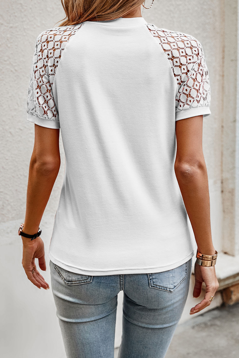 White Seamed Detail Contrast Lace Raglan Sleeve Tee view 2