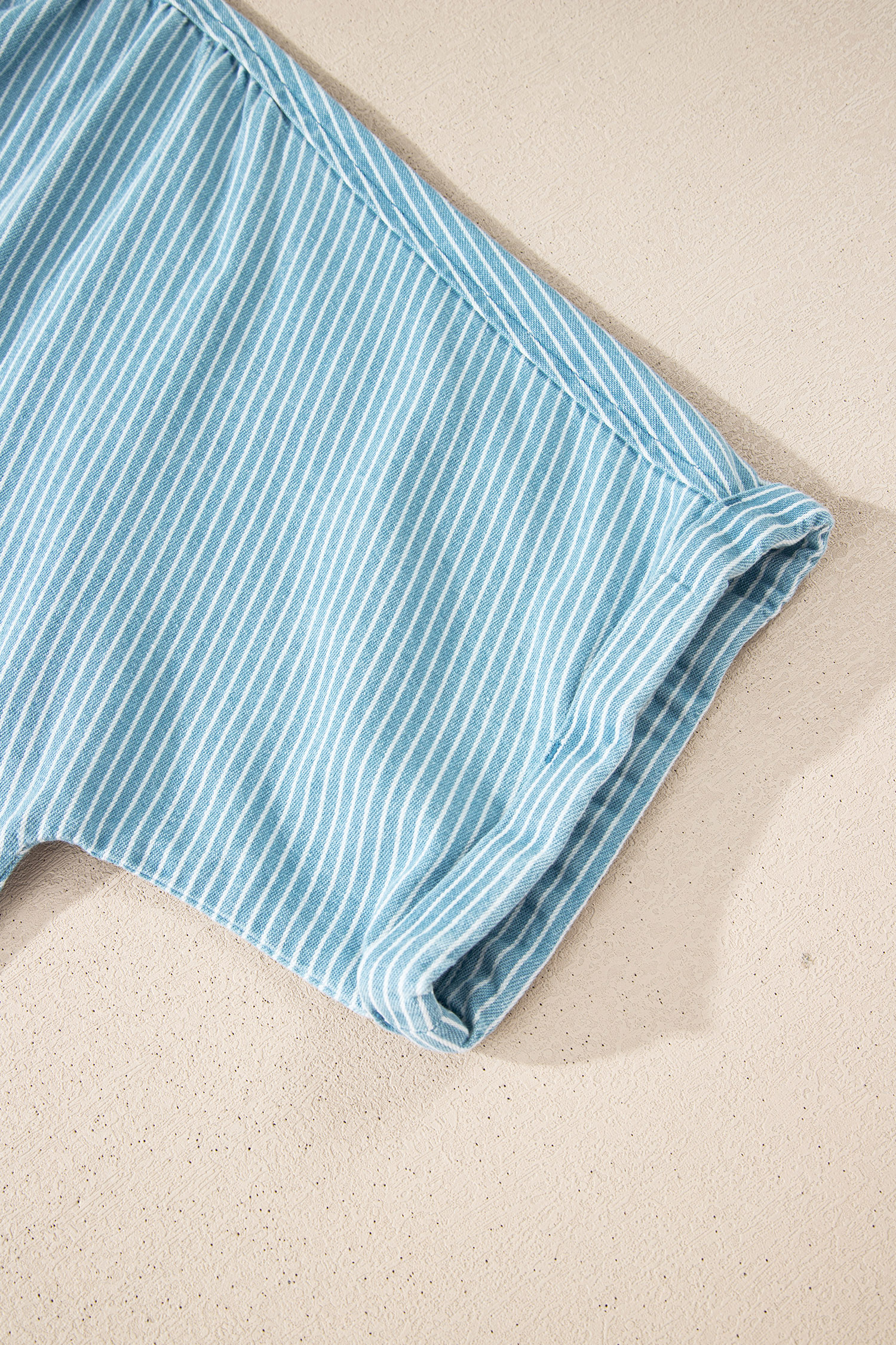 Sky Blue Stripe Cuffed Short Sleeve Button up Loose Shirt view 17