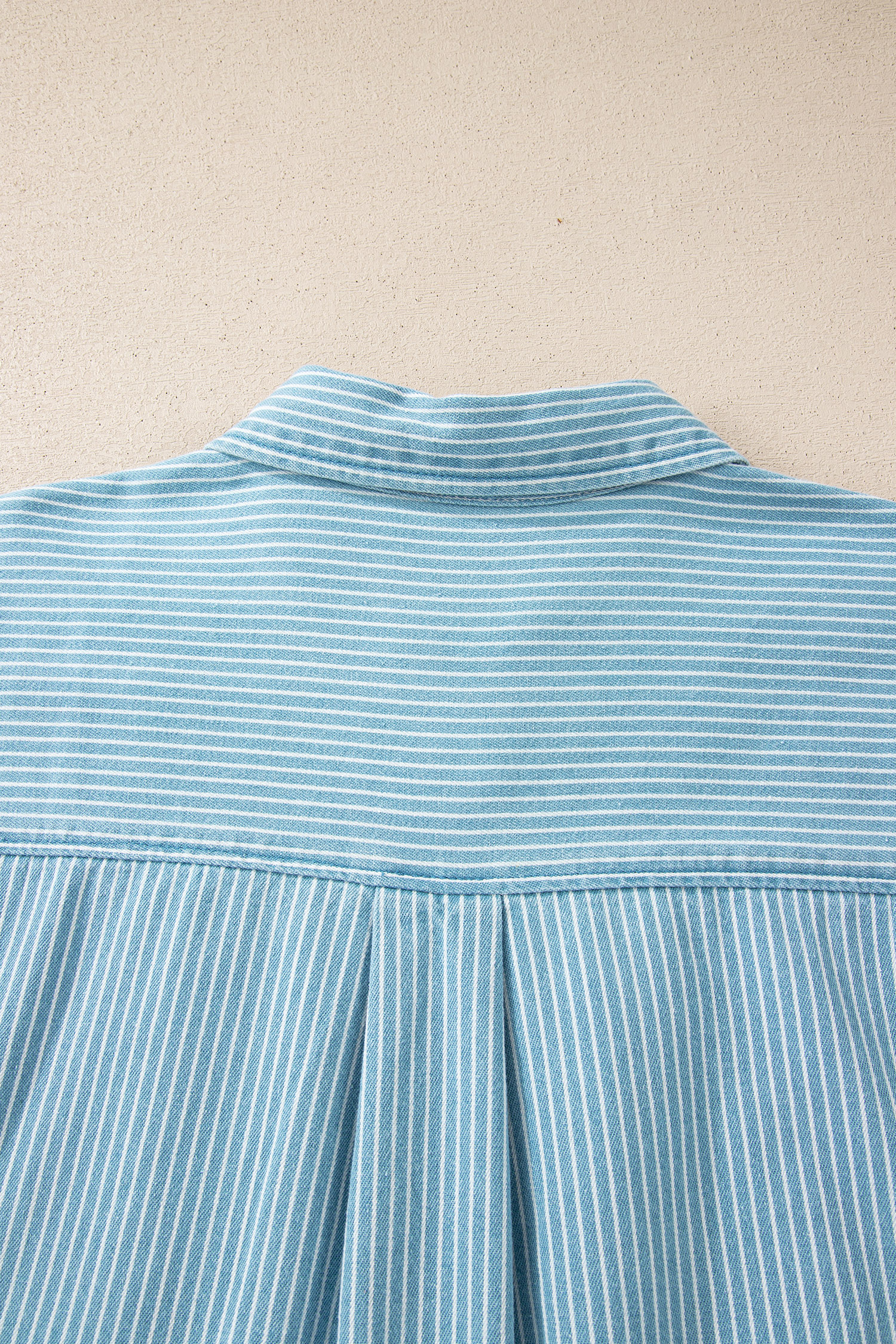 Sky Blue Stripe Cuffed Short Sleeve Button up Loose Shirt view 19