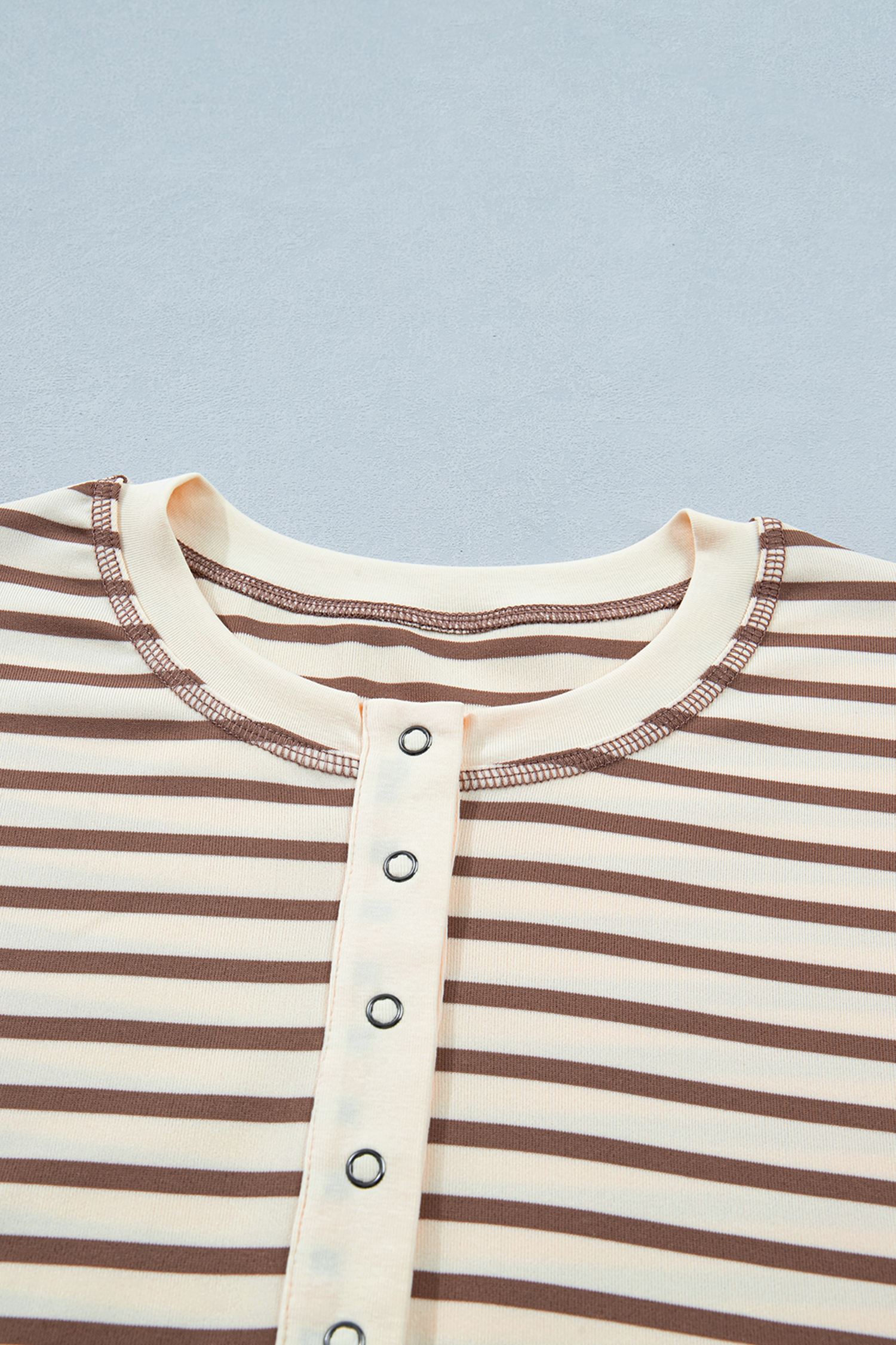 Khaki Stripe Half Buttons Round Neck T Shirt view 15