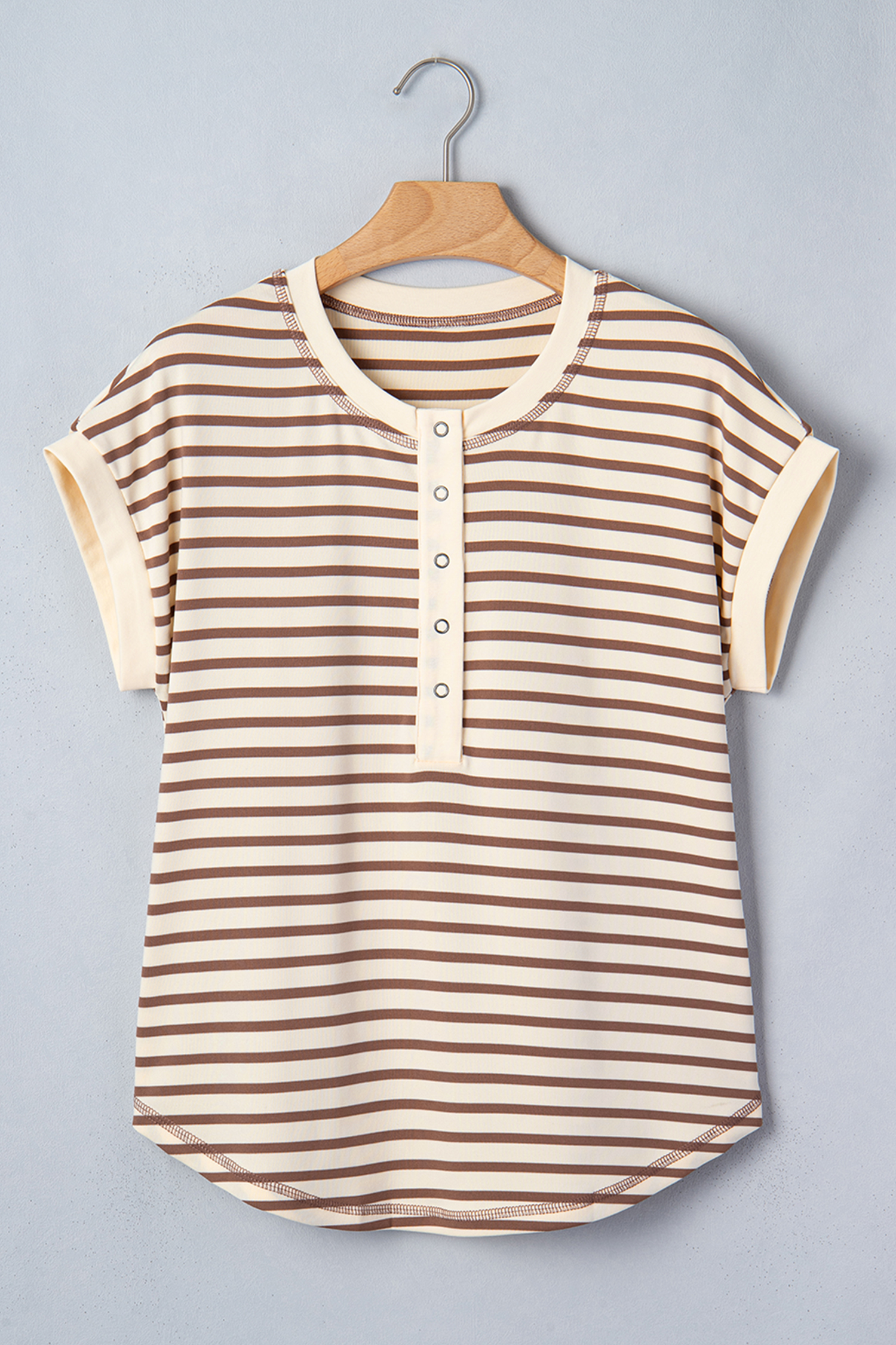 Khaki Stripe Half Buttons Round Neck T Shirt view 13
