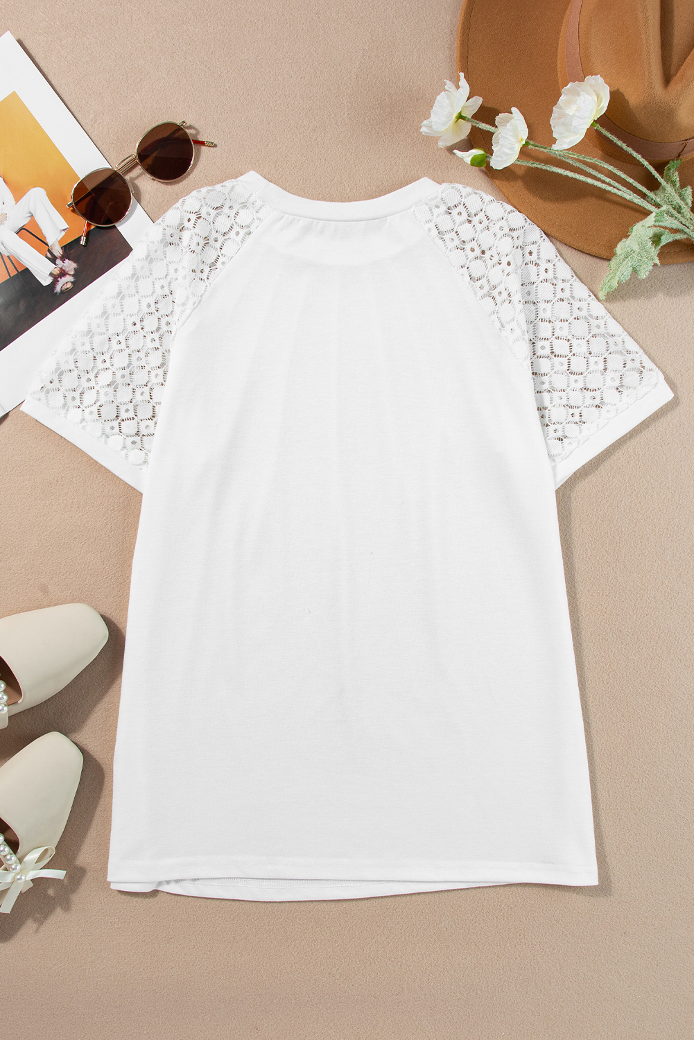 White Seamed Detail Contrast Lace Raglan Sleeve Tee view 11