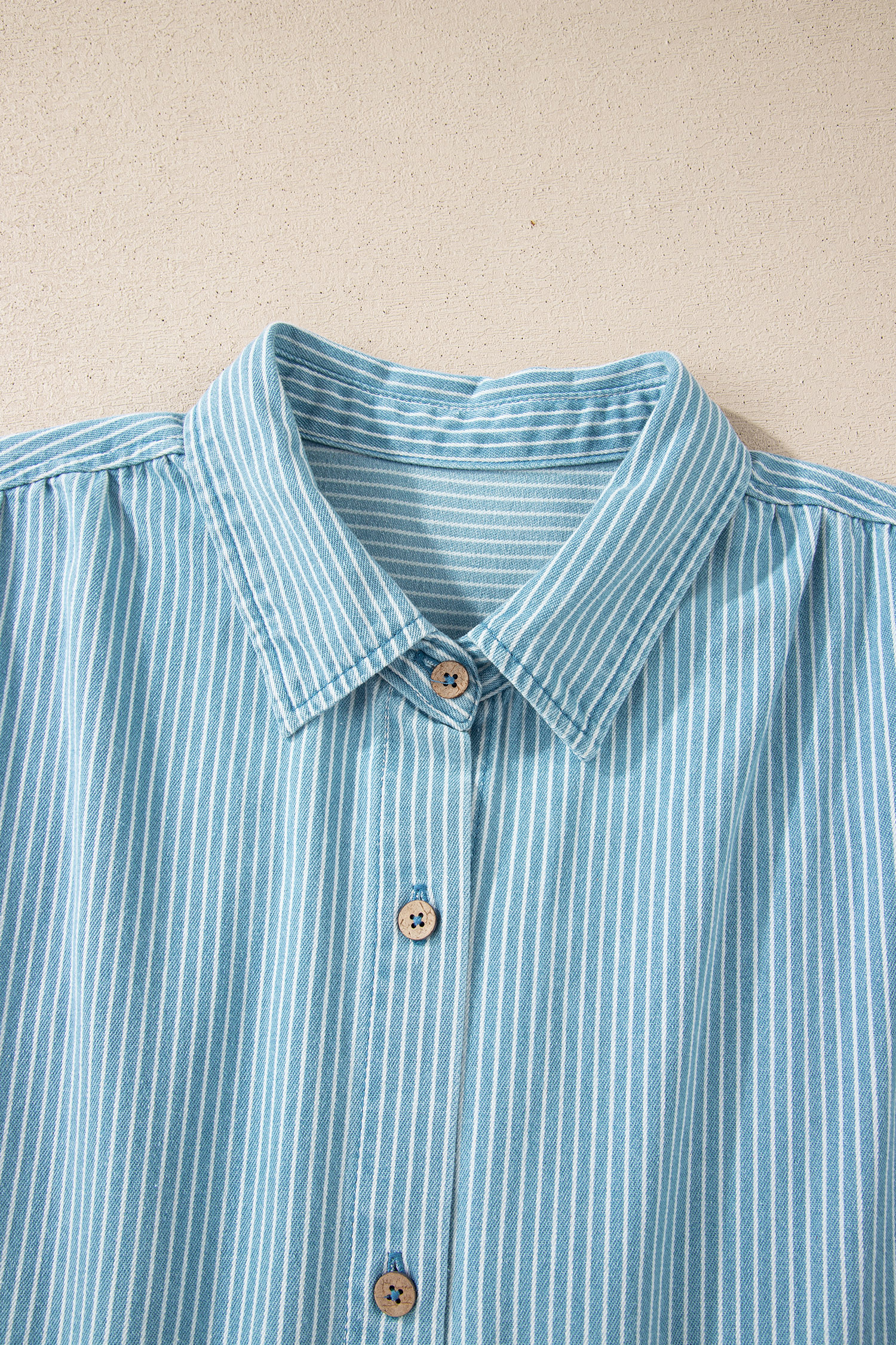 Sky Blue Stripe Cuffed Short Sleeve Button up Loose Shirt view 15