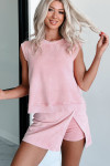 Light Pink Solid Color Washed Sleeveless Top Split Skort Cotton 2pcs Outfit