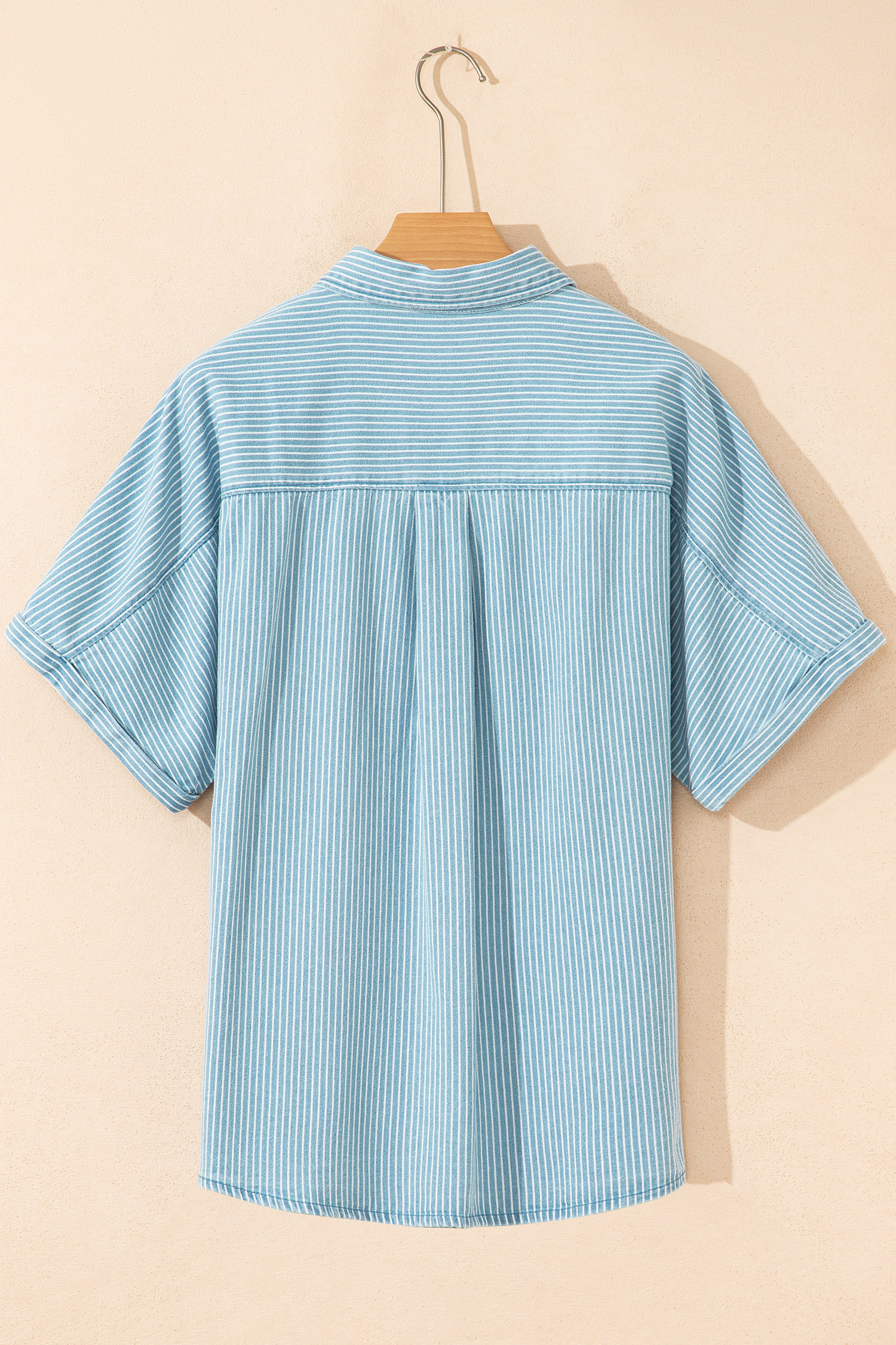Sky Blue Stripe Cuffed Short Sleeve Button up Loose Shirt view 13