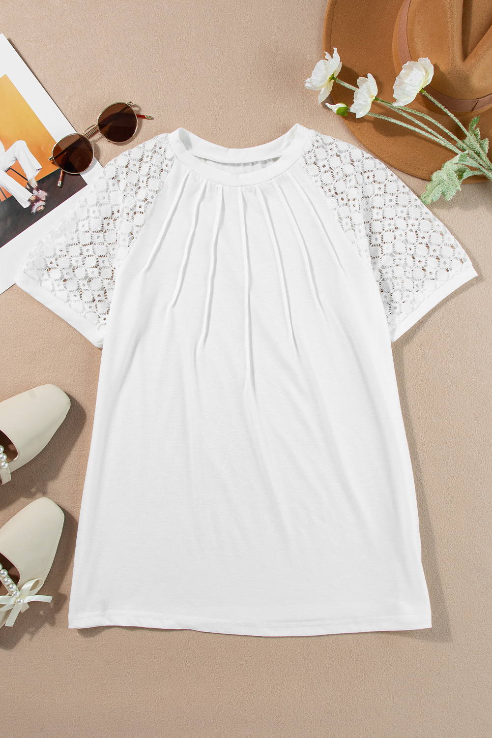 White Seamed Detail Contrast Lace Raglan Sleeve Tee view 10