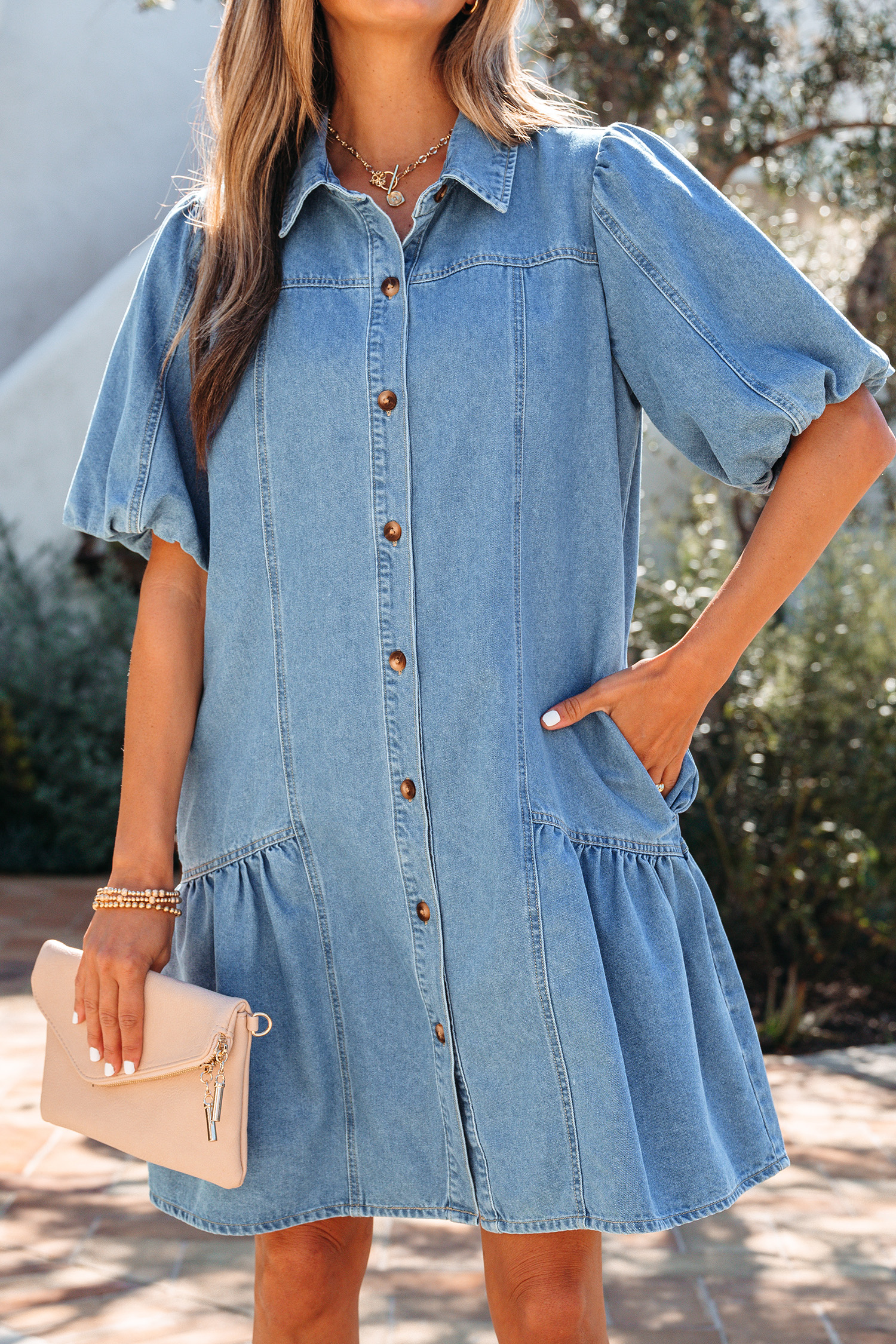 Beau Blue Button Down Short Puff Sleeve Ruffle Hem Patchwork Denim Dress view 8