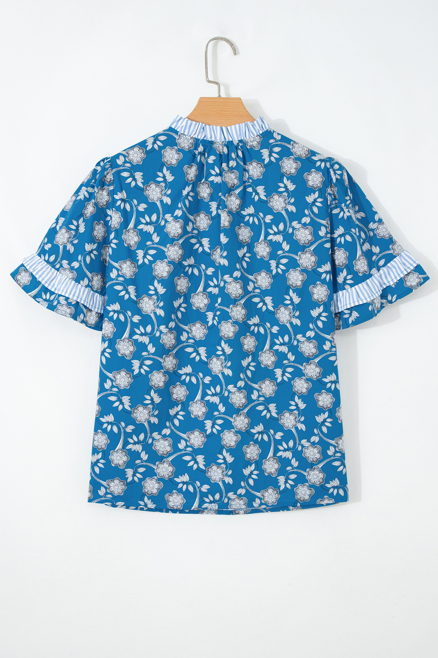 Blue Floral Print Button Tie Neck Striped Detail Short Sleeve Blouse